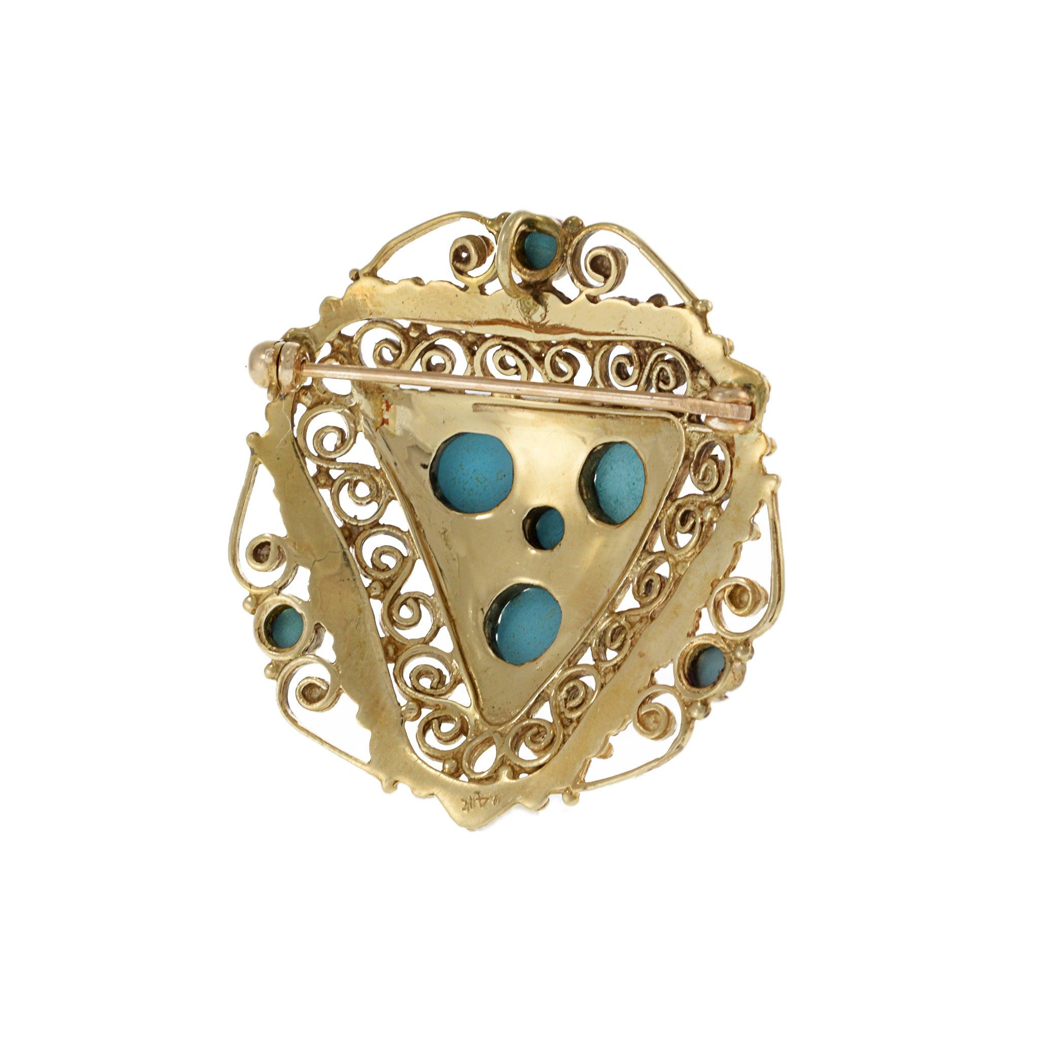 Women's or Men's Antique Victorian Era 14KT Yellow Gold Triangular Floral Turquoise Brooch/Pin For Sale
