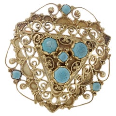 Antique Victorian Era 14KT Yellow Gold Triangular Floral Turquoise Brooch/Pin