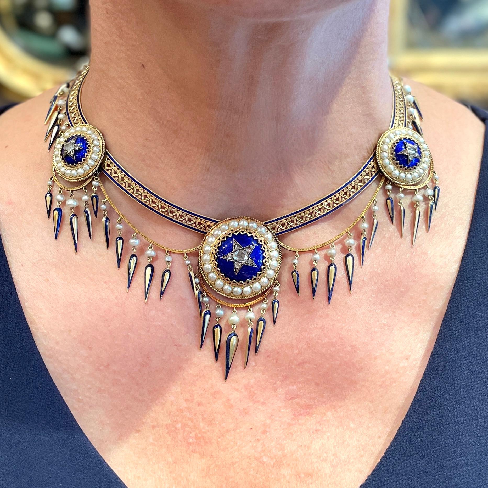 Antique Victorian Era 15 Carat Gold, Enamel, Pearl and Diamond Swag Necklace In Good Condition For Sale In New Orleans, LA