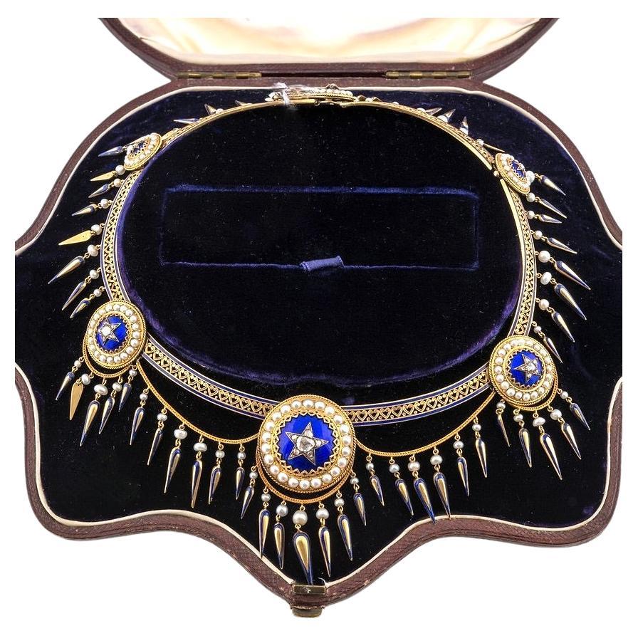 Antique Victorian Era 15 Carat Gold, Enamel, Pearl and Diamond Swag Necklace