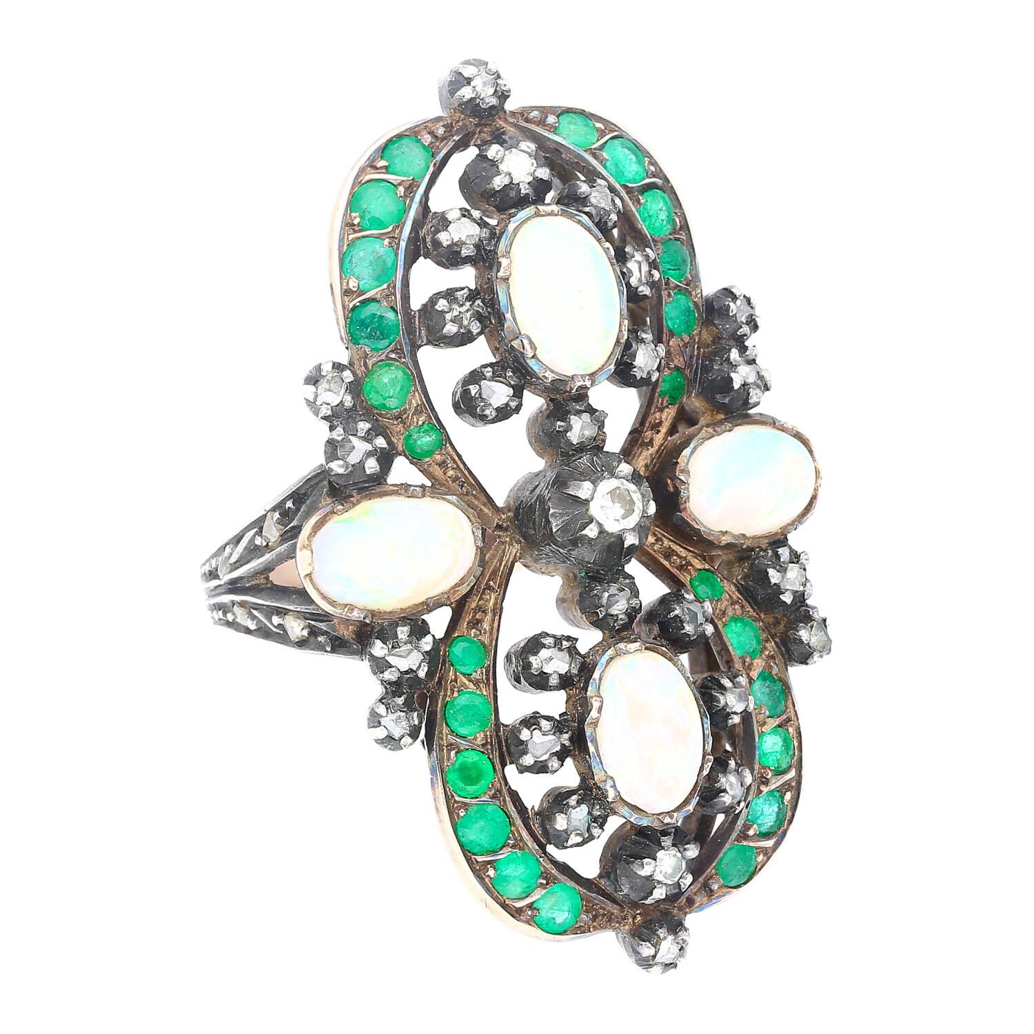 Art Deco Antique Victorian Era 1800s Opal, Emerald, and Diamond Ring in Gold and Silver For Sale