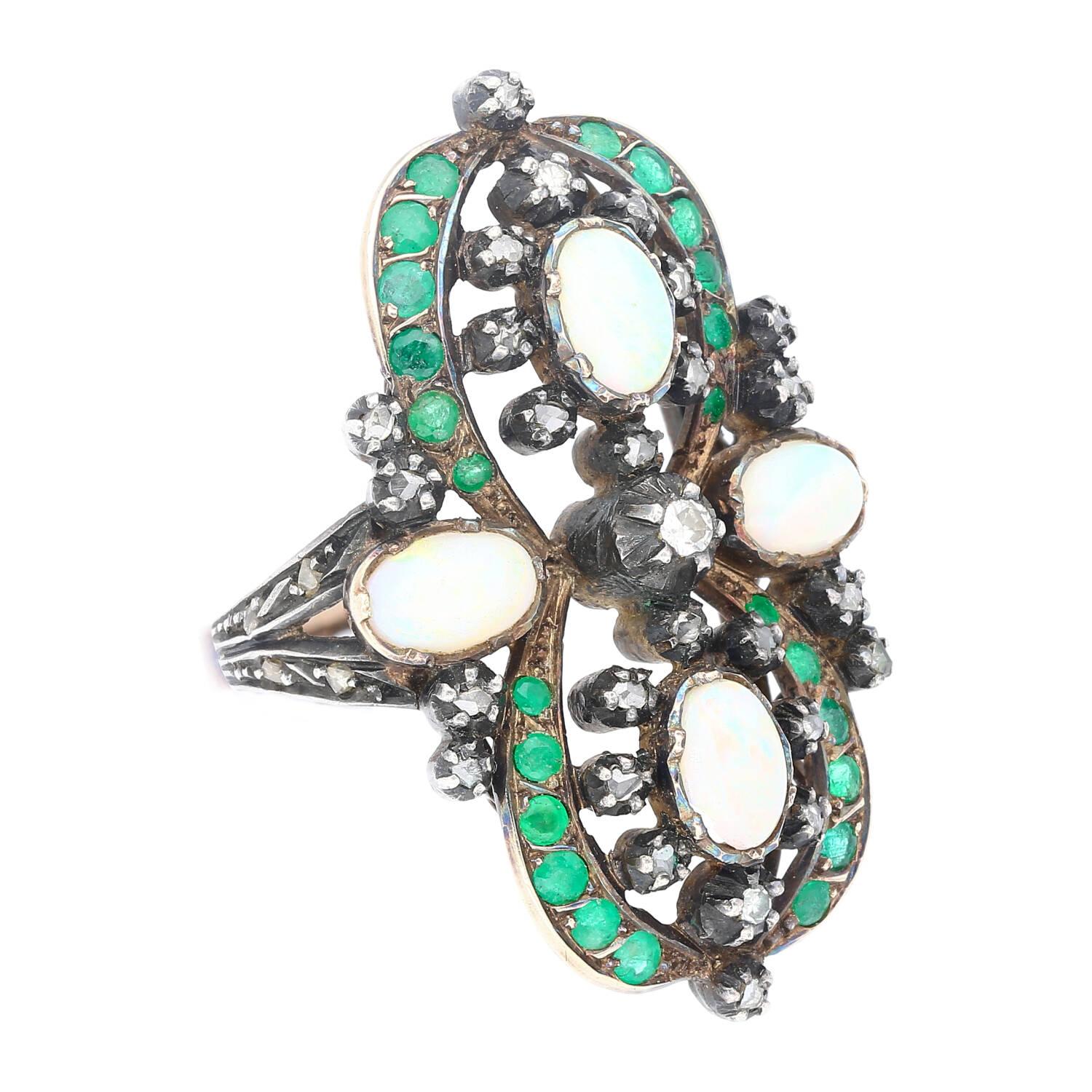 Oval Cut Antique Victorian Era 1800s Opal, Emerald, and Diamond Ring in Gold and Silver For Sale