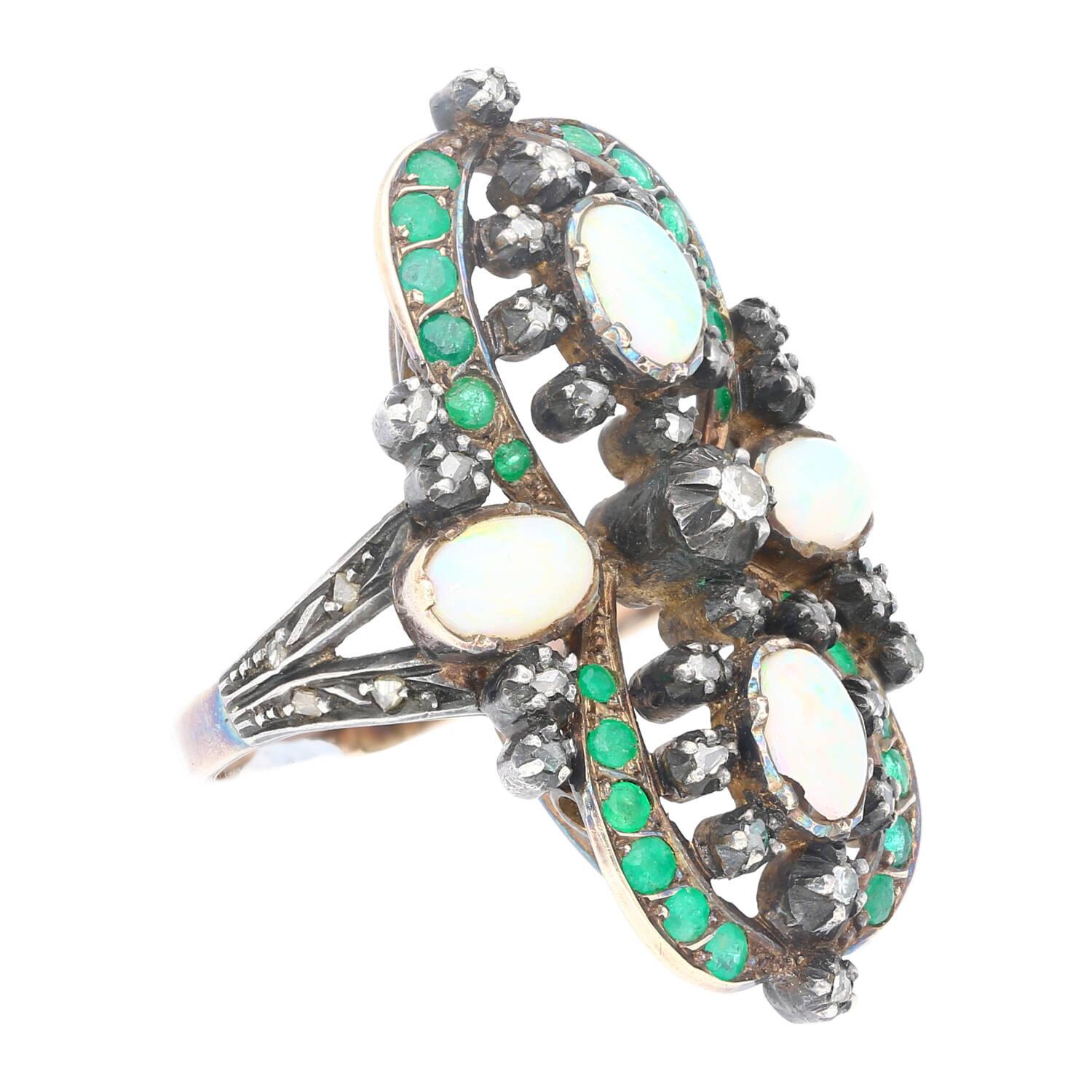 Antique Victorian Era 1800s Opal, Emerald, and Diamond Ring in Gold and Silver In Good Condition For Sale In Miami, FL