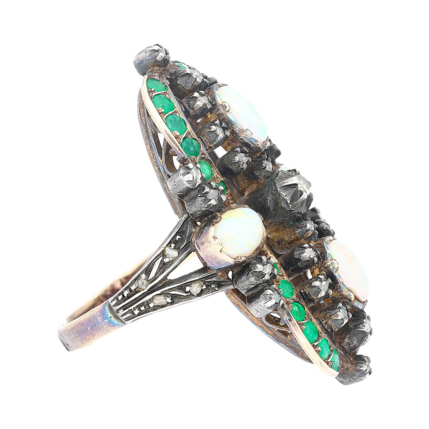 Women's Antique Victorian Era 1800s Opal, Emerald, and Diamond Ring in Gold and Silver For Sale