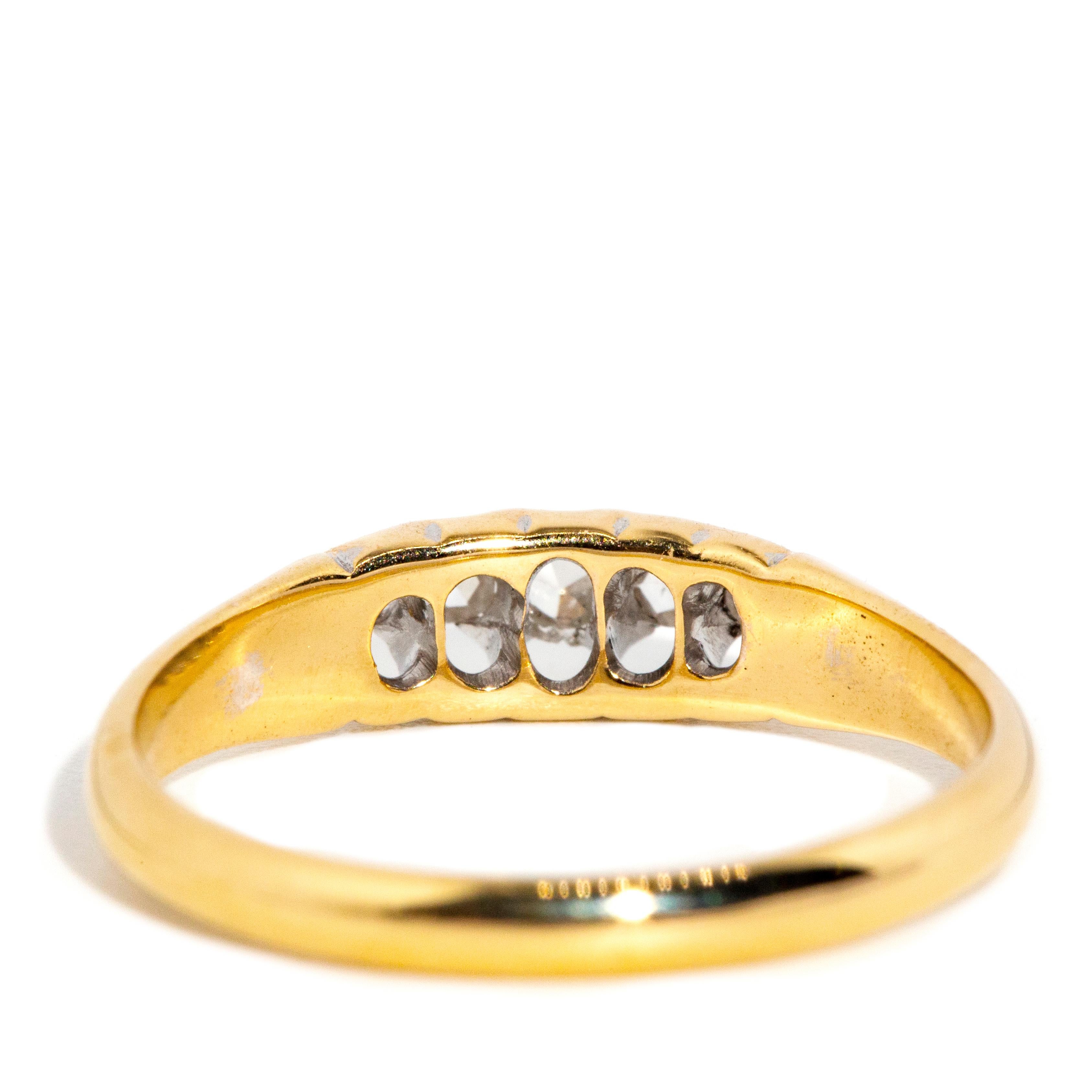 Women's Antique Victorian Era 1891 Rose Cut Diamond Five Stone Ring 18 Carat Yellow Gold For Sale
