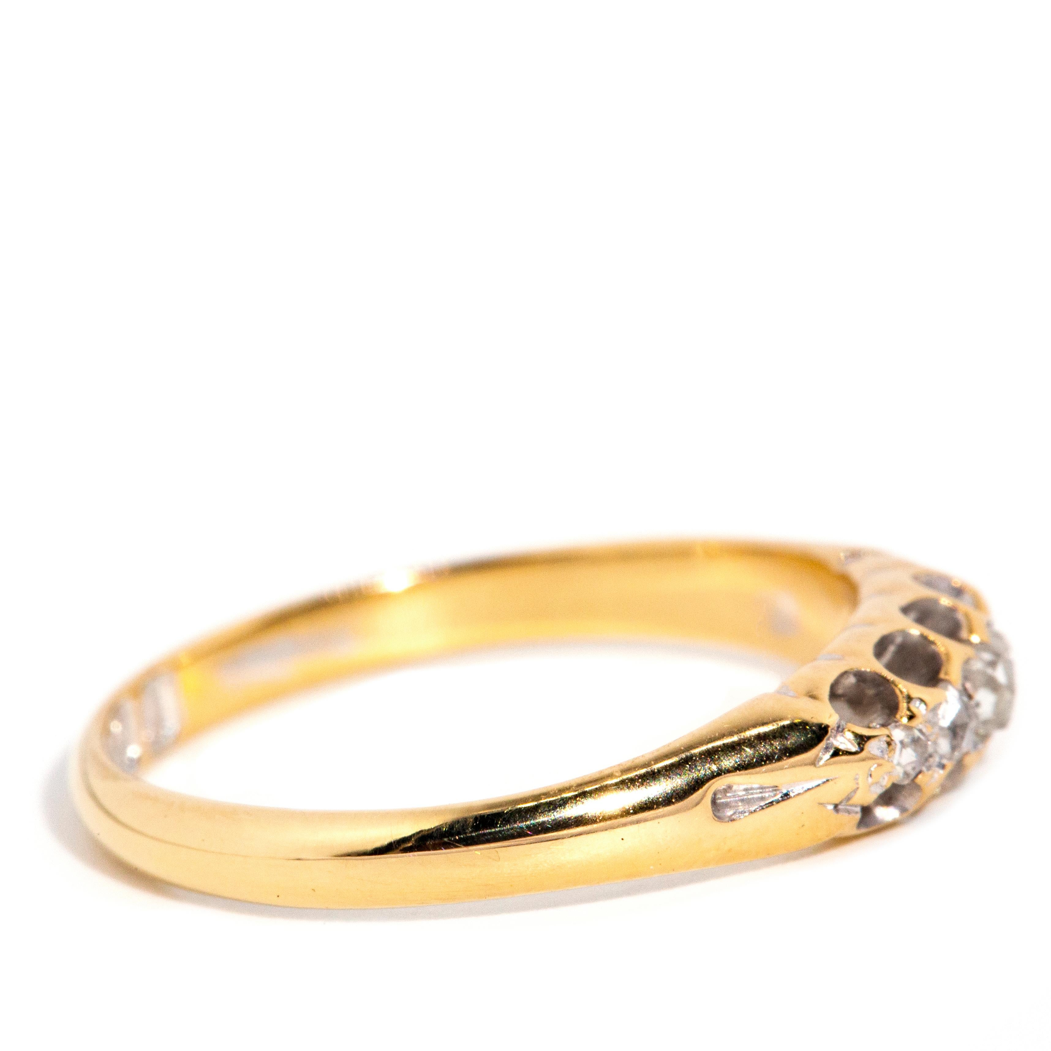 Antique Victorian Era 1891 Rose Cut Diamond Five Stone Ring 18 Carat Yellow Gold For Sale 2