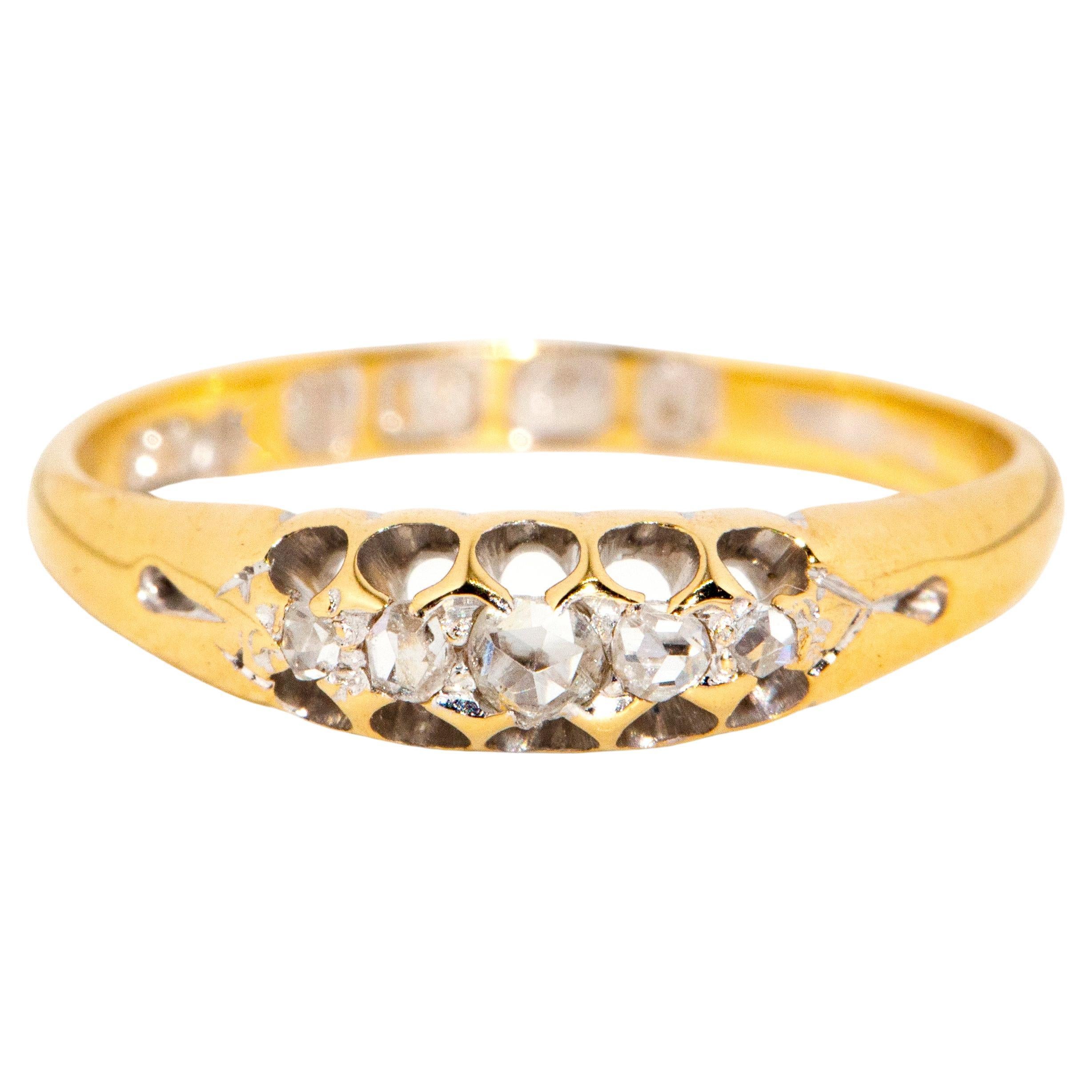 Antique Victorian Era 1891 Rose Cut Diamond Five Stone Ring 18 Carat Yellow Gold For Sale