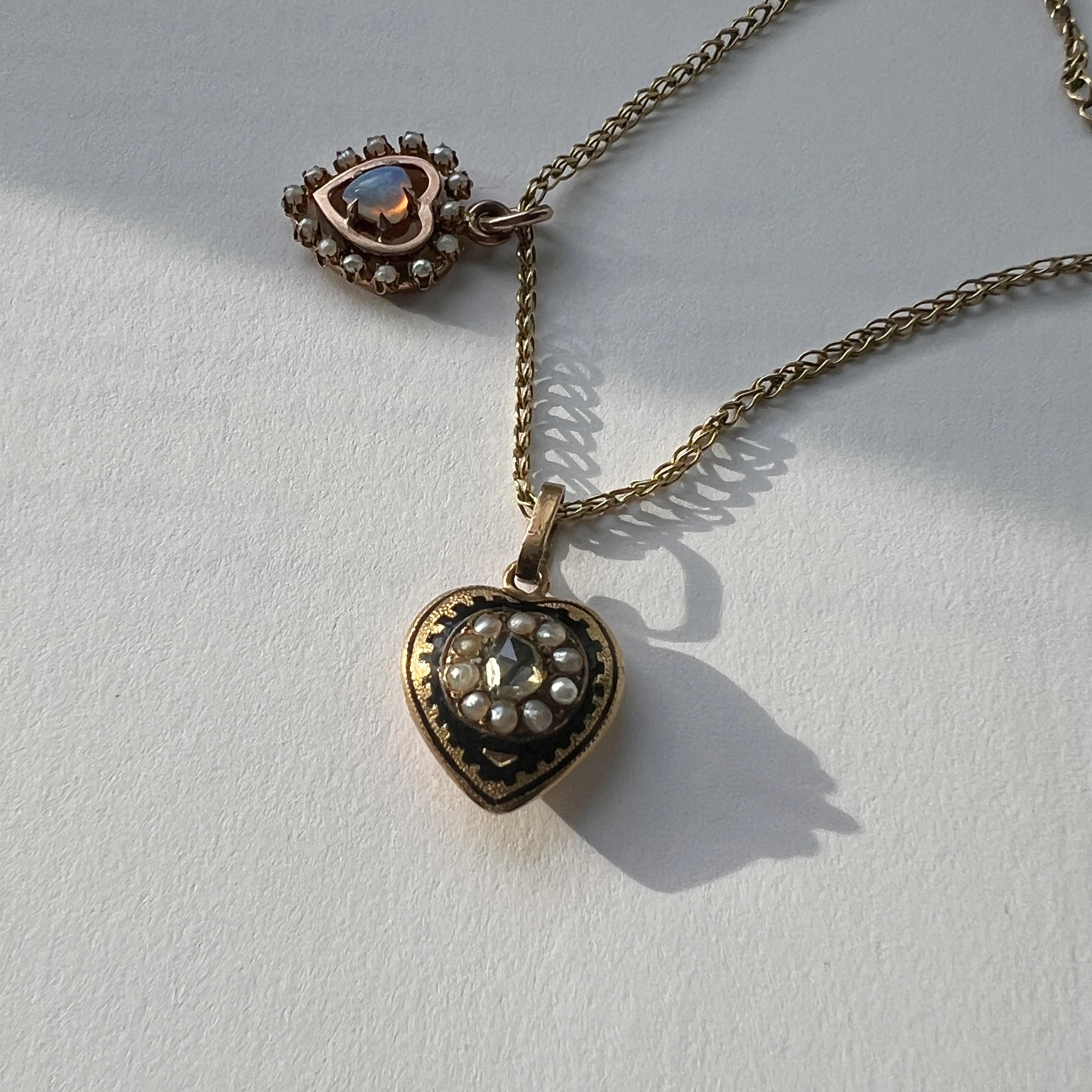 Antique Victorian era 18K diamond pearl puffy heart pendant 6