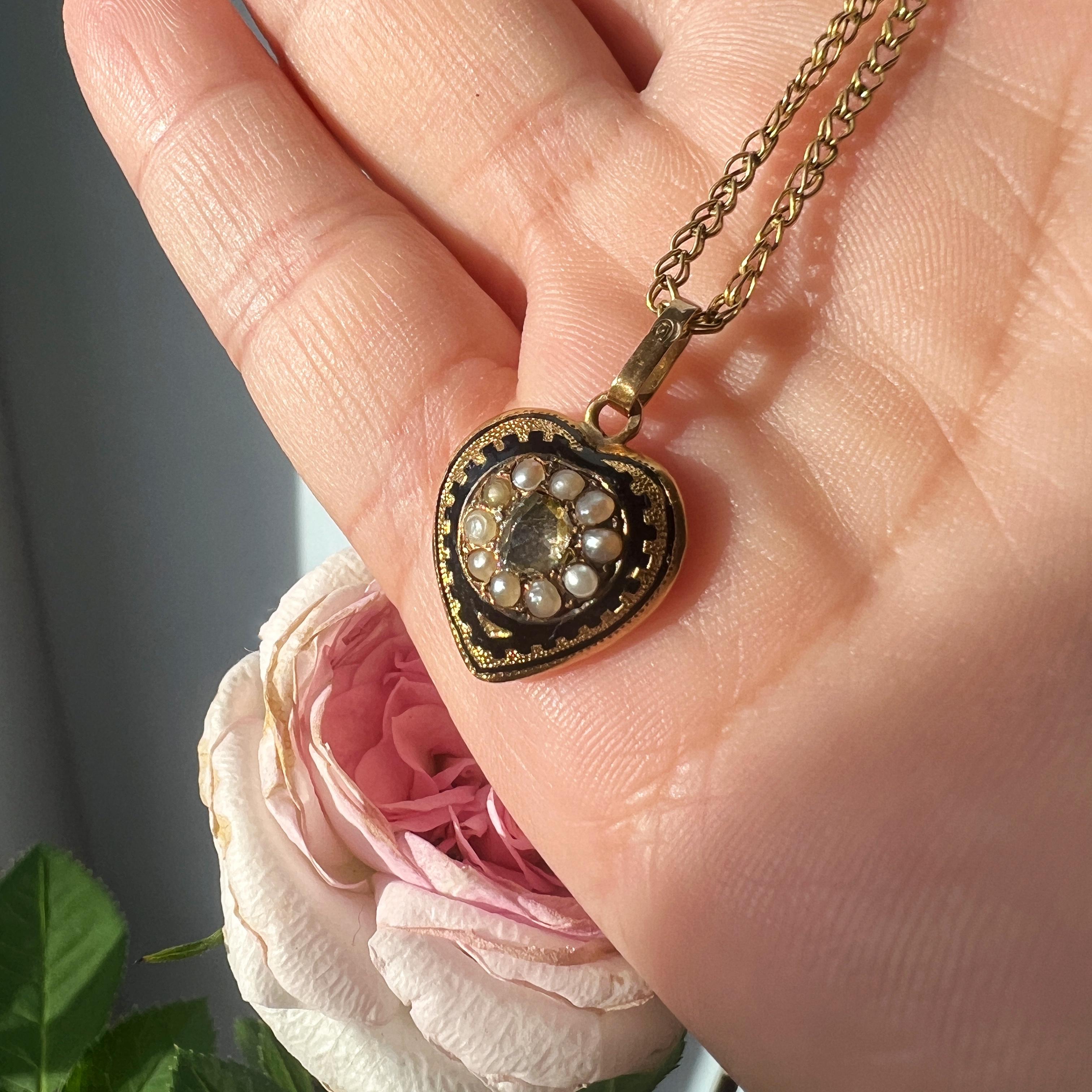 Rose Cut Antique Victorian era 18K diamond pearl puffy heart pendant