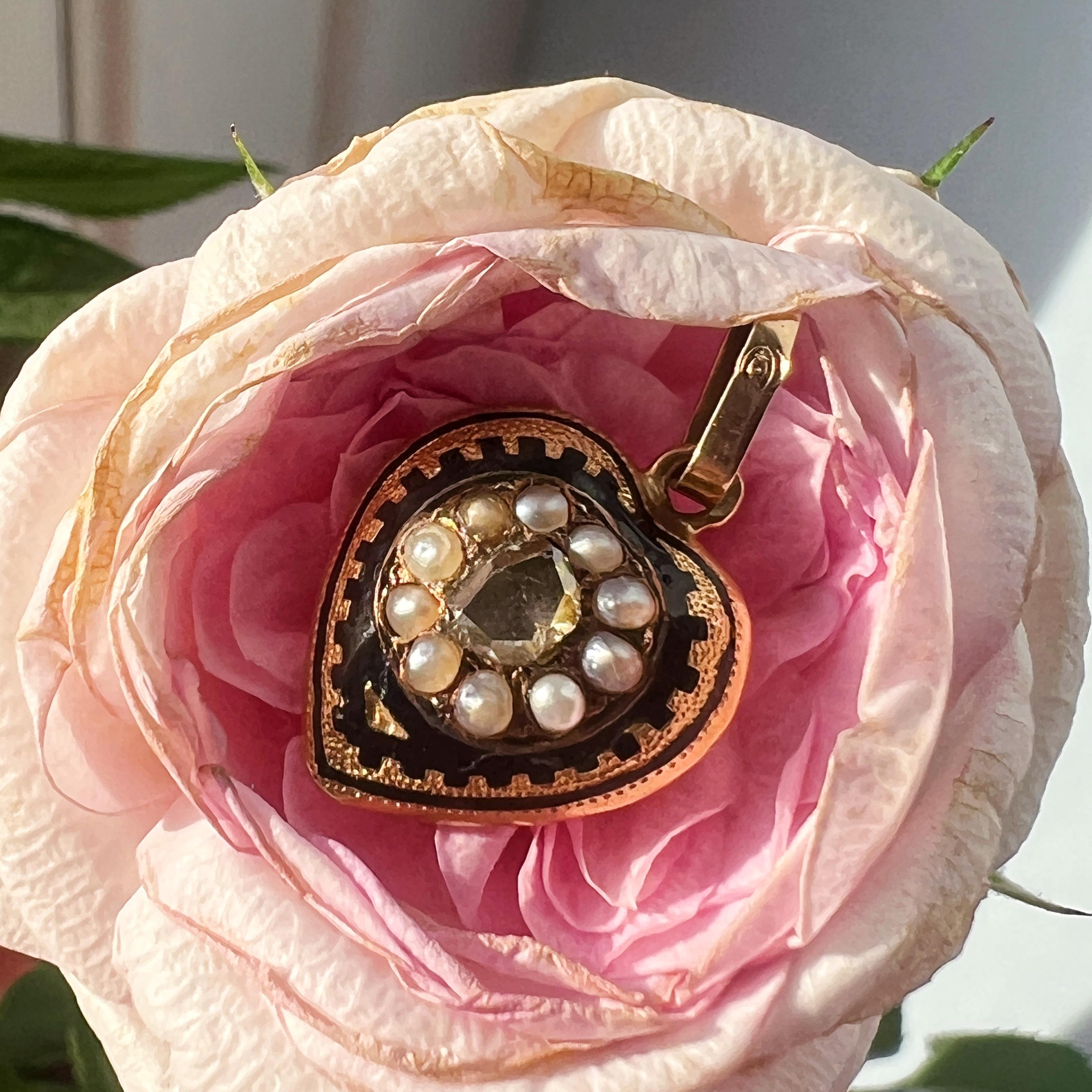 Women's or Men's Antique Victorian era 18K diamond pearl puffy heart pendant