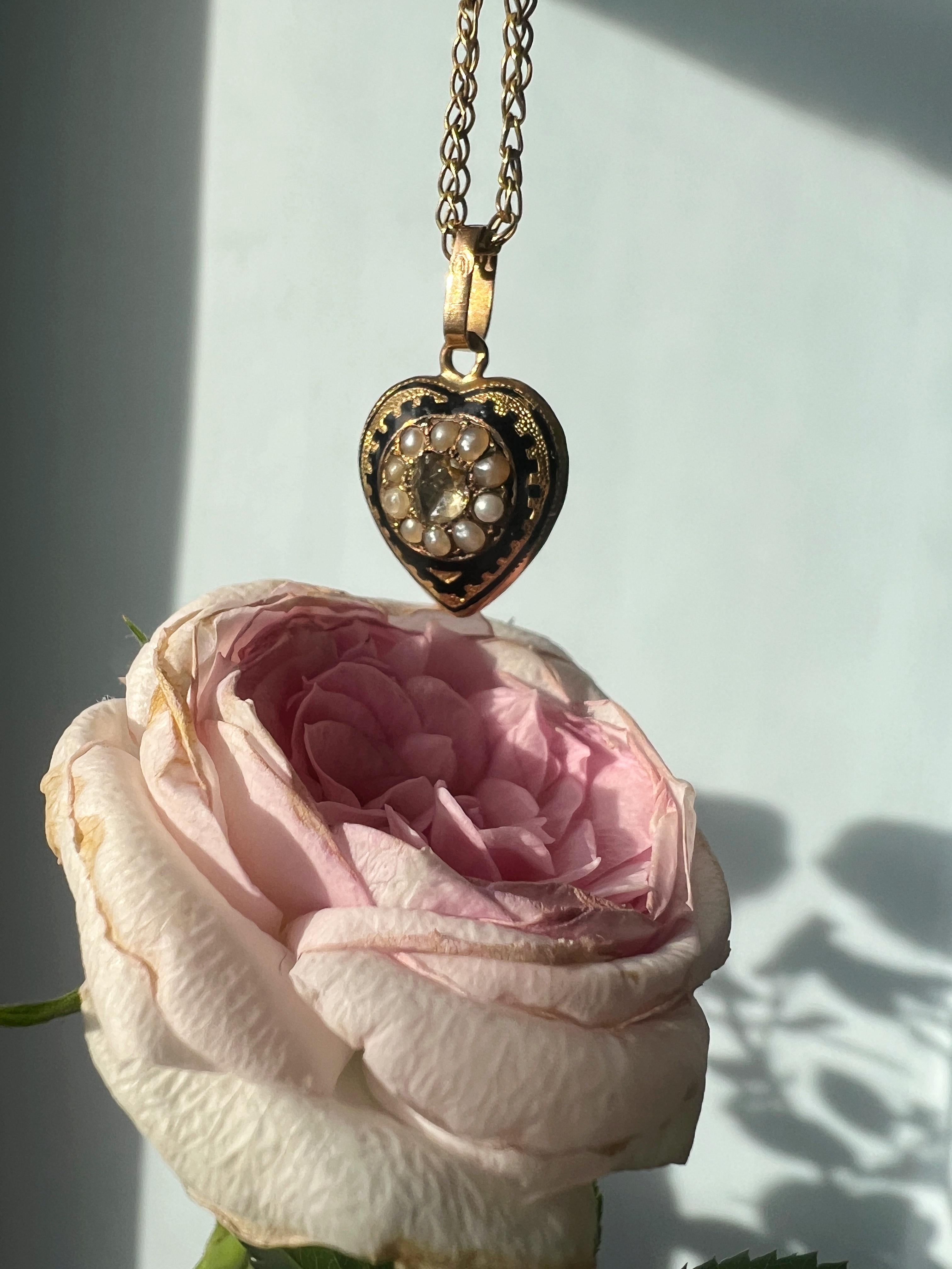 Antique Victorian era 18K diamond pearl puffy heart pendant 1