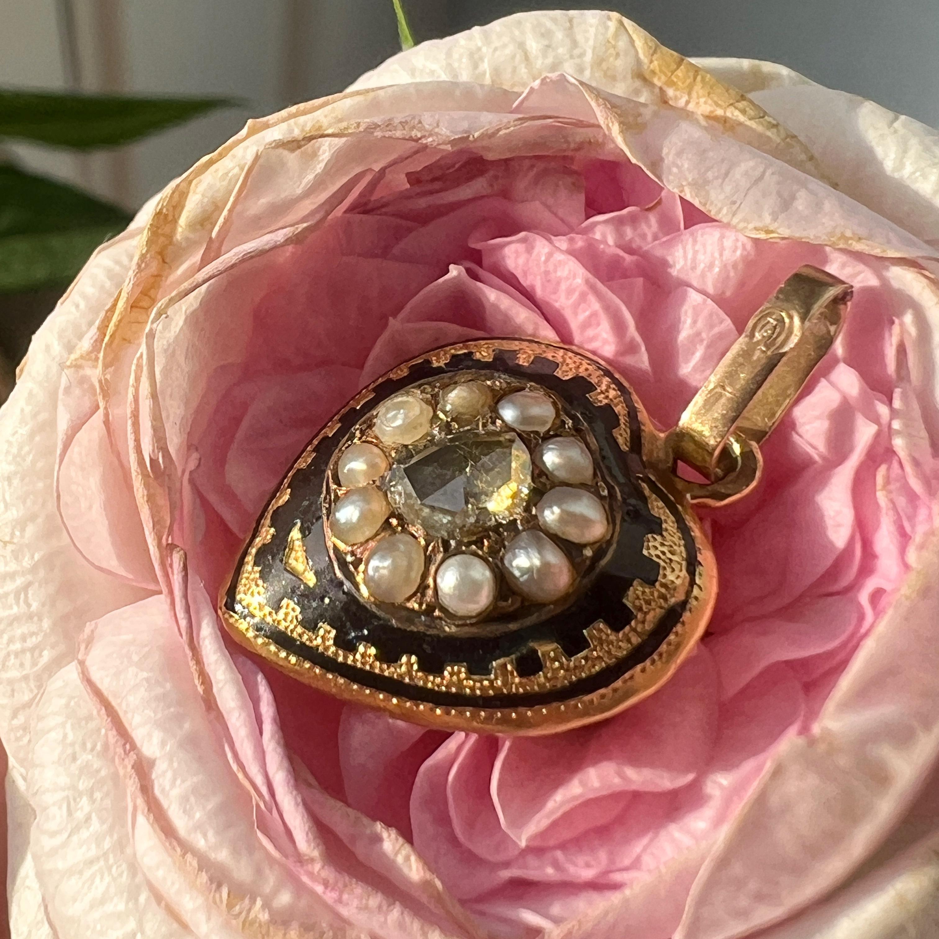 Antique Victorian era 18K diamond pearl puffy heart pendant 2