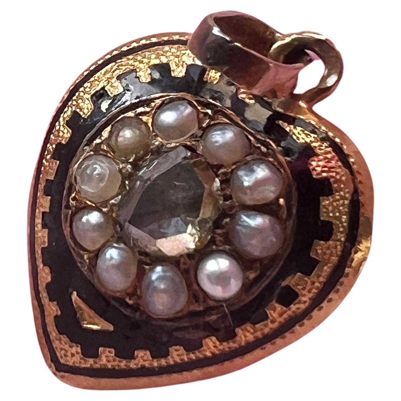 Antique Victorian era 18K diamond pearl puffy heart pendant