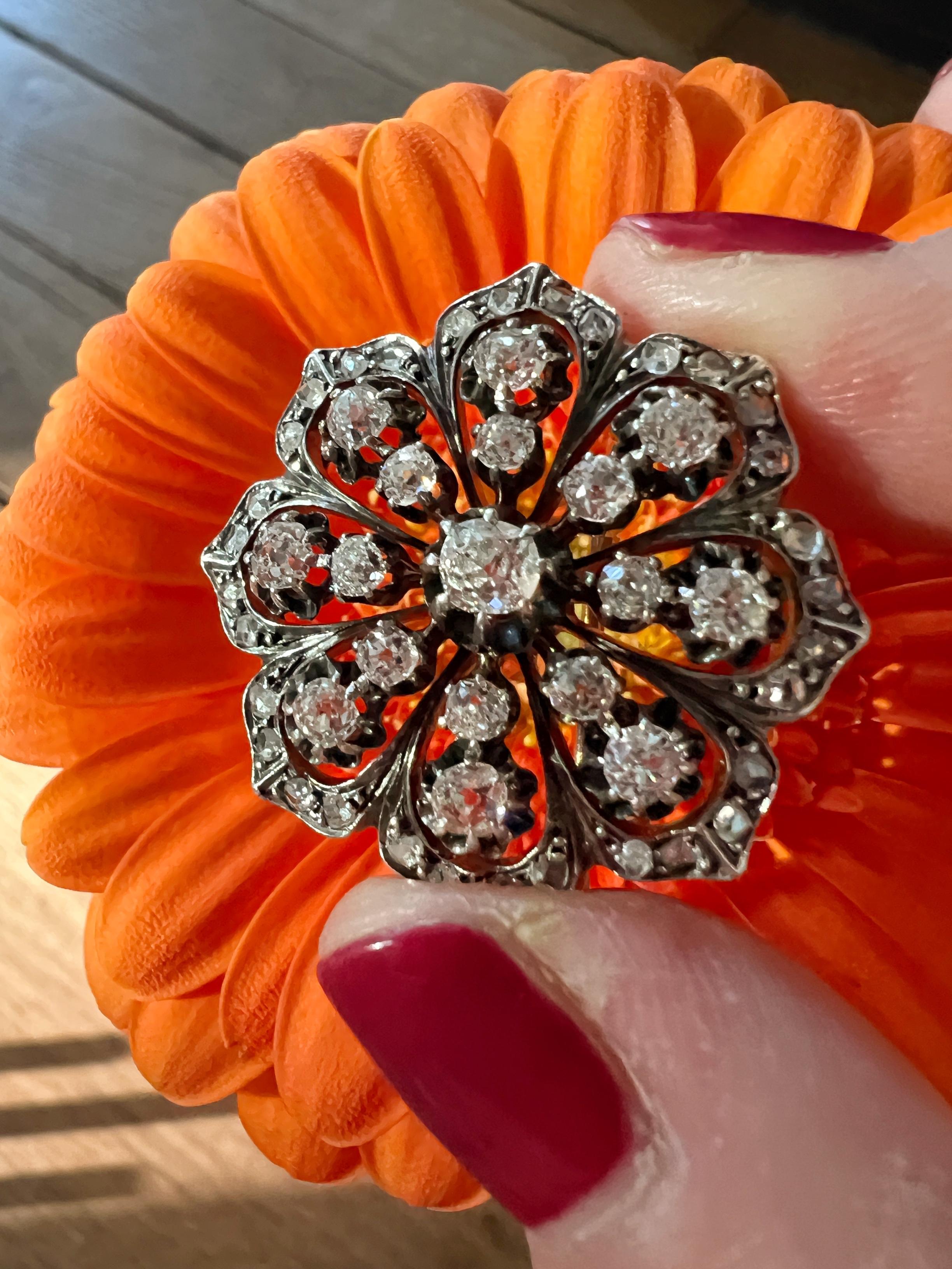 Women's or Men's Antique Victorian Era 18K Gold 3 Carats Diamond Flower Brooch
