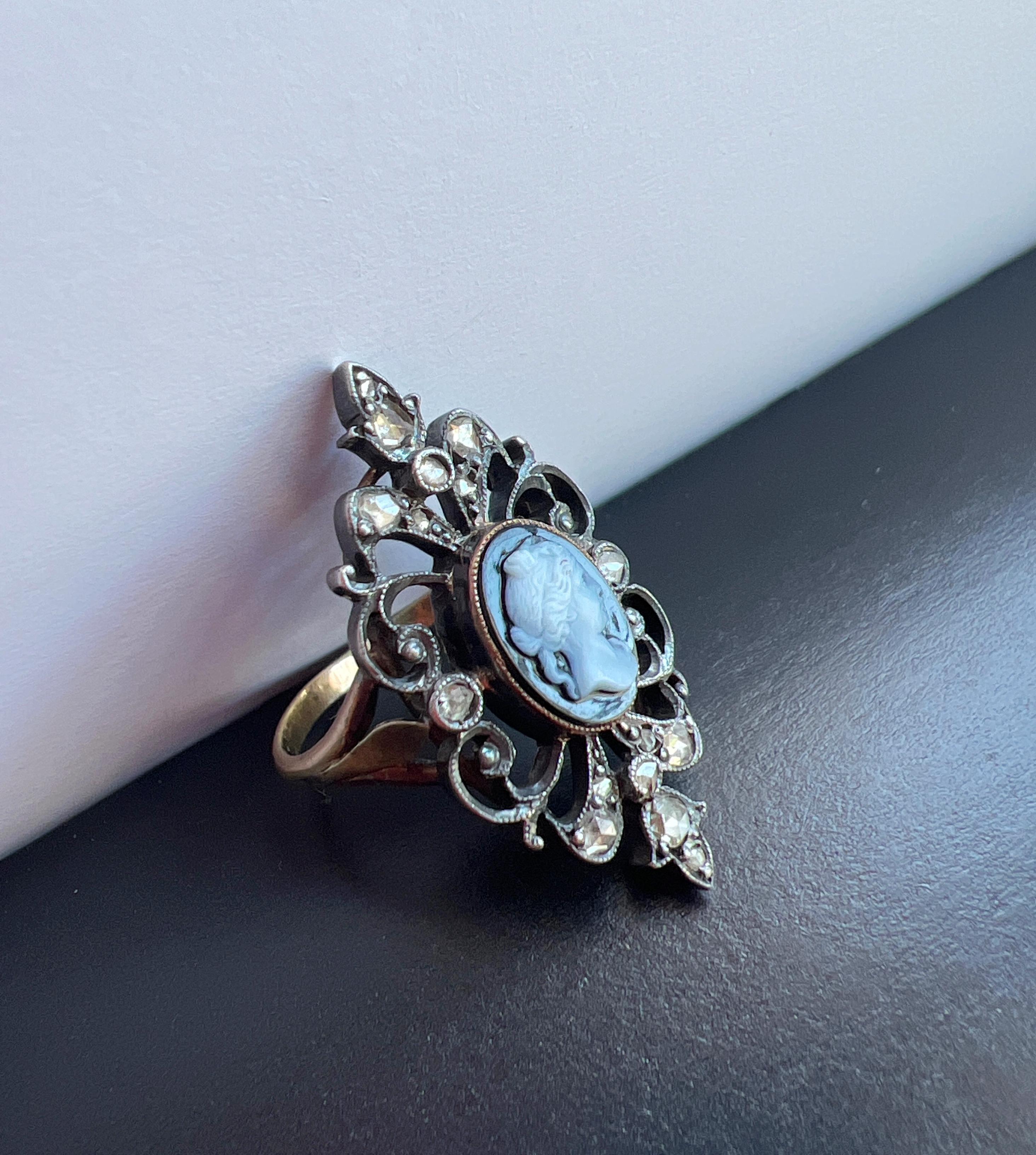 Rose Cut Antique Victorian Era 18k Gold Diamond Onyx Cameo Ring