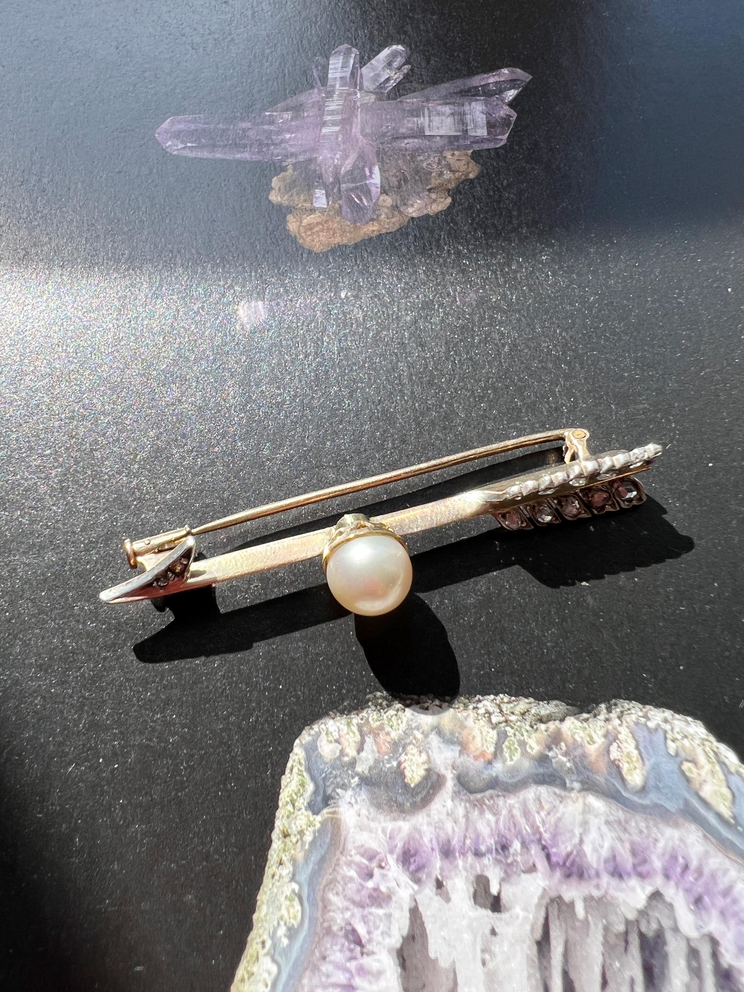Antique Victorian era 18K gold diamond pearl arrow brooch 2