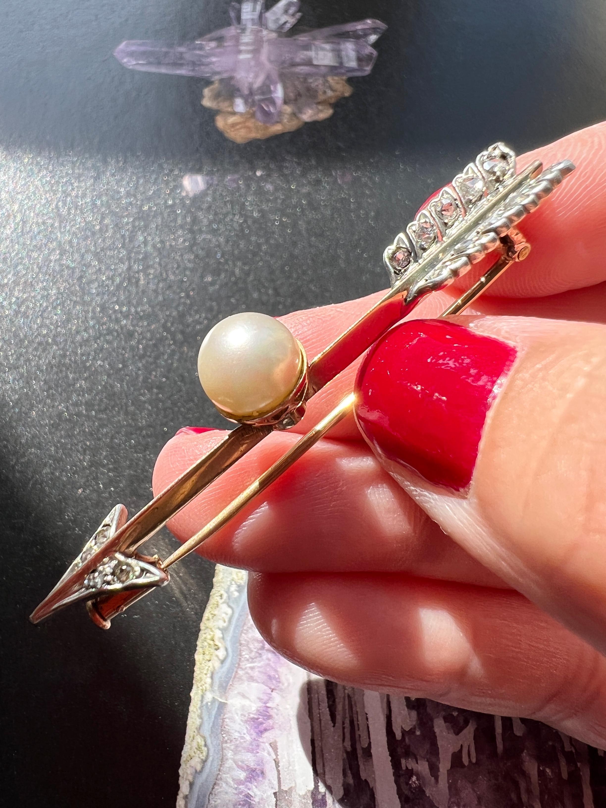 Antique Victorian era 18K gold diamond pearl arrow brooch 3