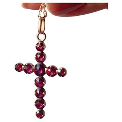 Antique Victorian era 18K gold French Perpignan garnet cross pendant