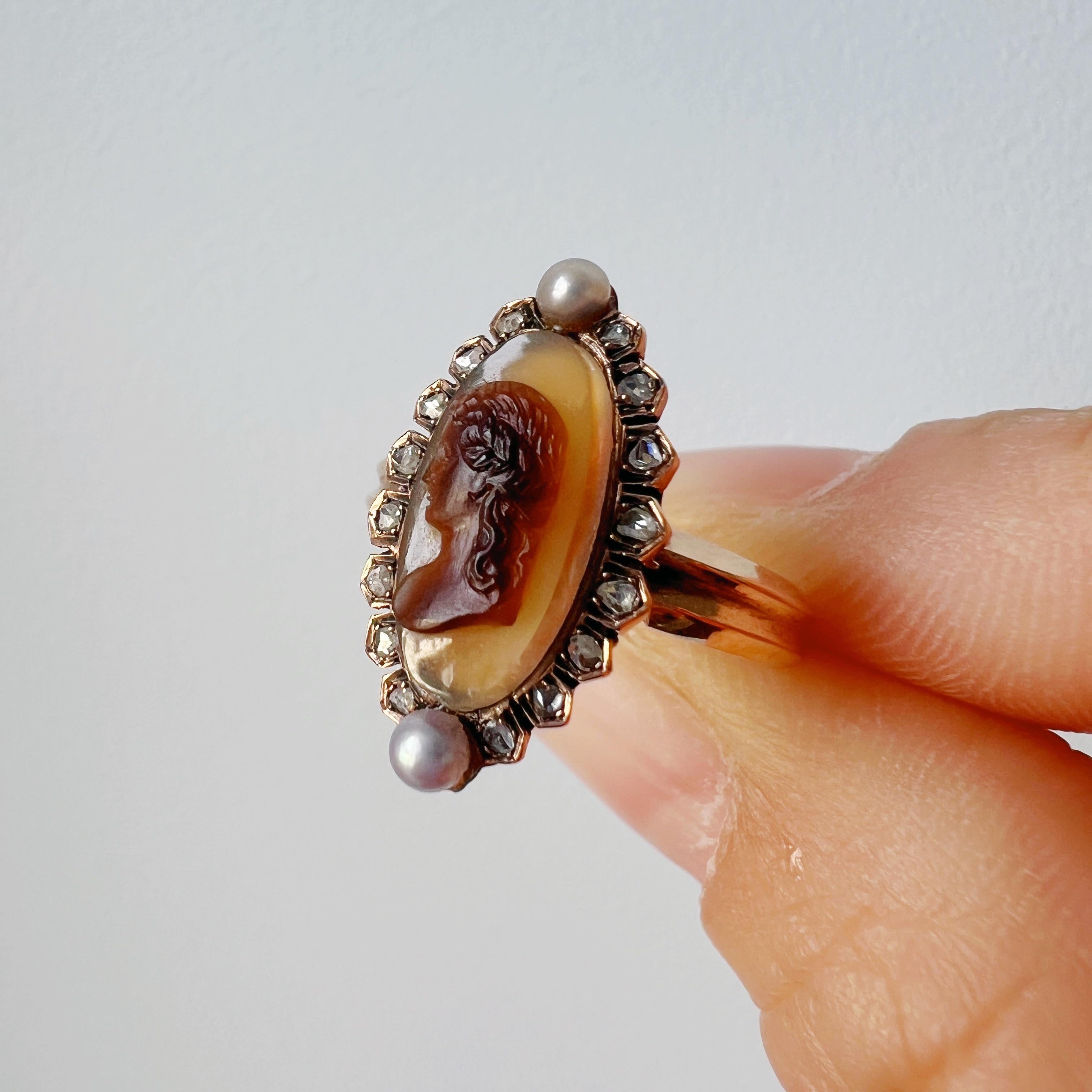 Rose Cut Antique Victorian era 18K gold marquise agate cameo diamond pearl ring For Sale