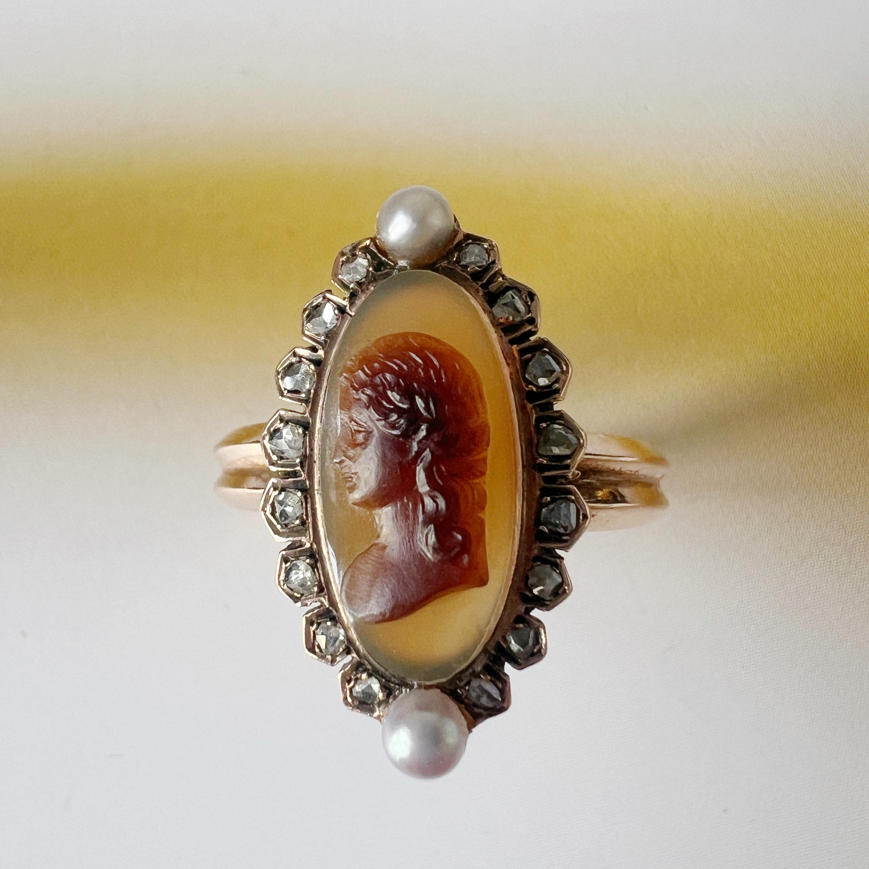 Rose Cut Antique Victorian era 18K gold marquise agate cameo diamond pearl ring