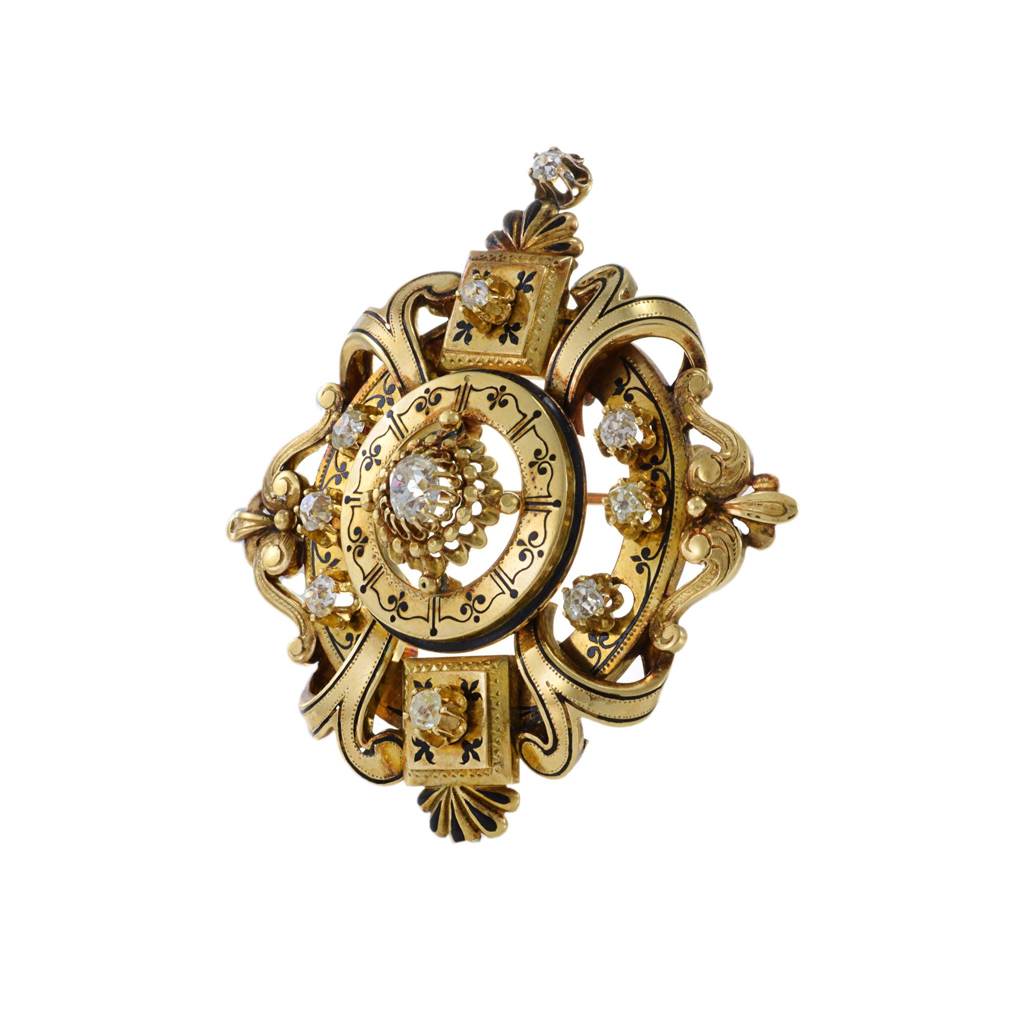 Old Mine Cut Antique Victorian Era 18KT Yellow Gold Diamond Pin For Sale