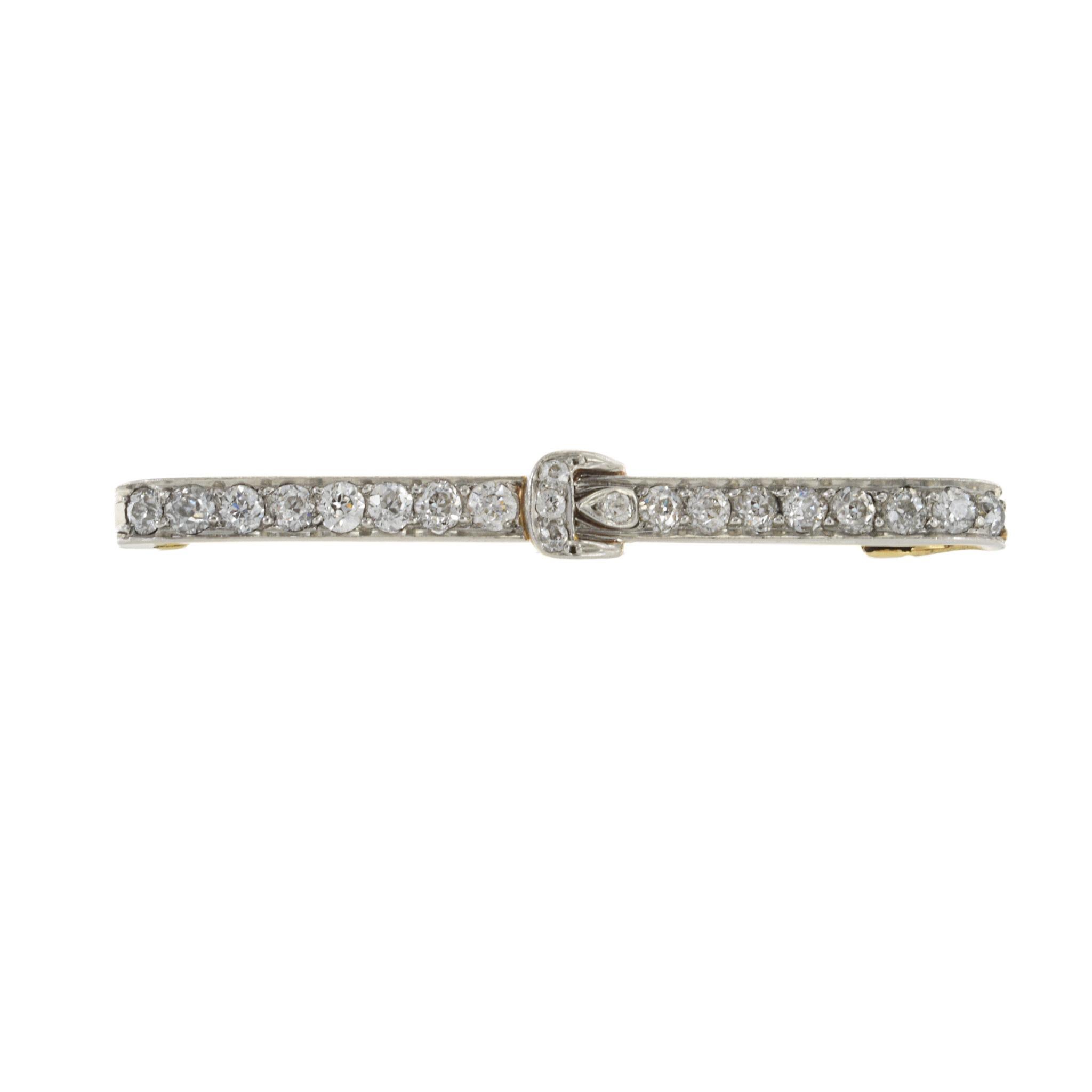 Embrace antique charm with our Victorian Era 18KT Yellow Gold/Platinum Top Diamond Stick Lapel Pin. Featuring a buckle design and 0.70CT-tw old mine cut diamonds, this distinctive accessory effortlessly captures the elegance of the era.