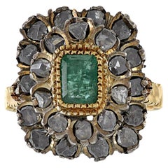 Antique Victorian Era 18KT Yellow Gold Silver Top Emerald And Diamond Ring