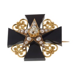 Antique Victorian Era Black Onyx Maltese Cross 18KT Brooch with Diamonds