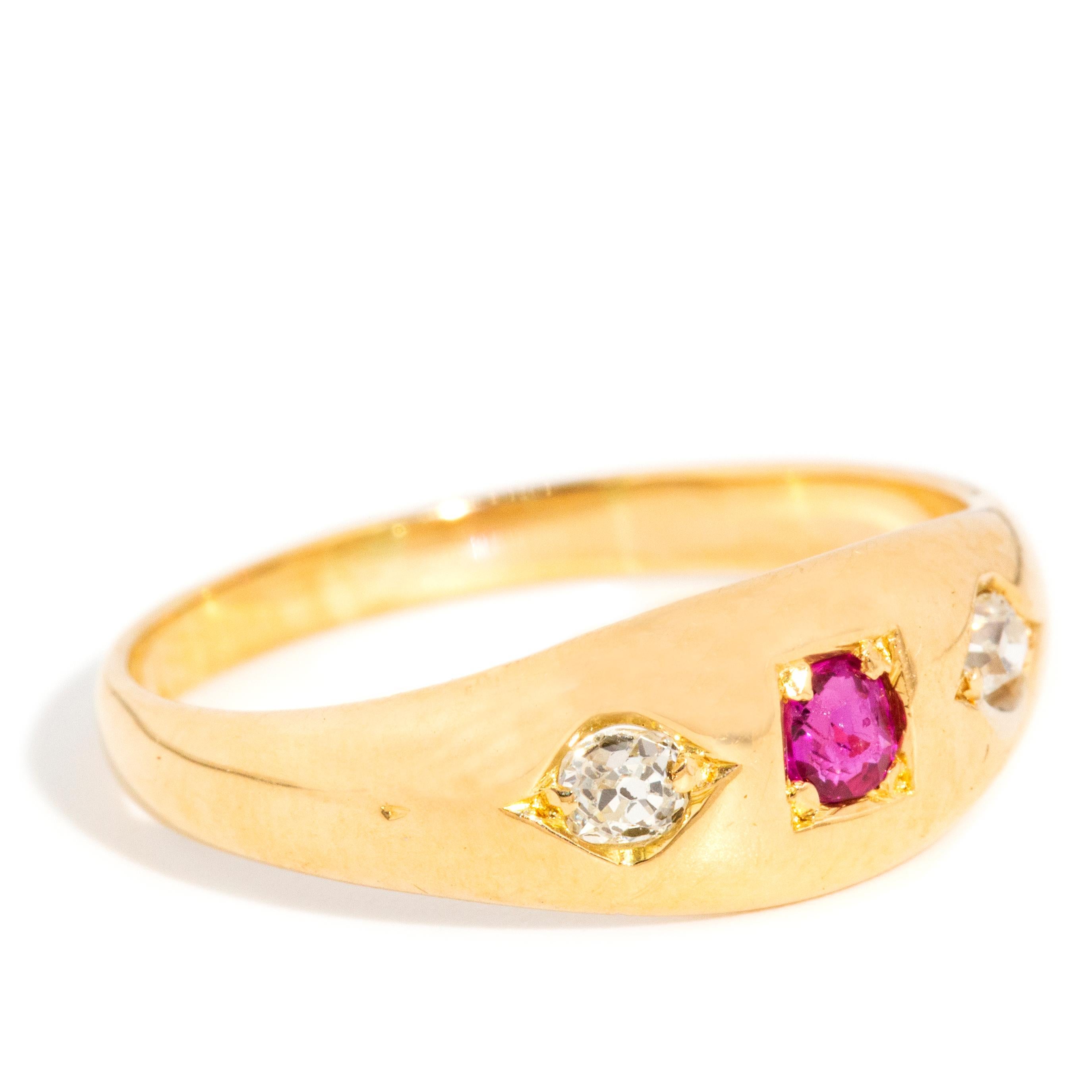 Round Cut Antique Victorian Era Bright Red Pink Ruby & Old Cut Diamond Ring 18 Carat Gold For Sale