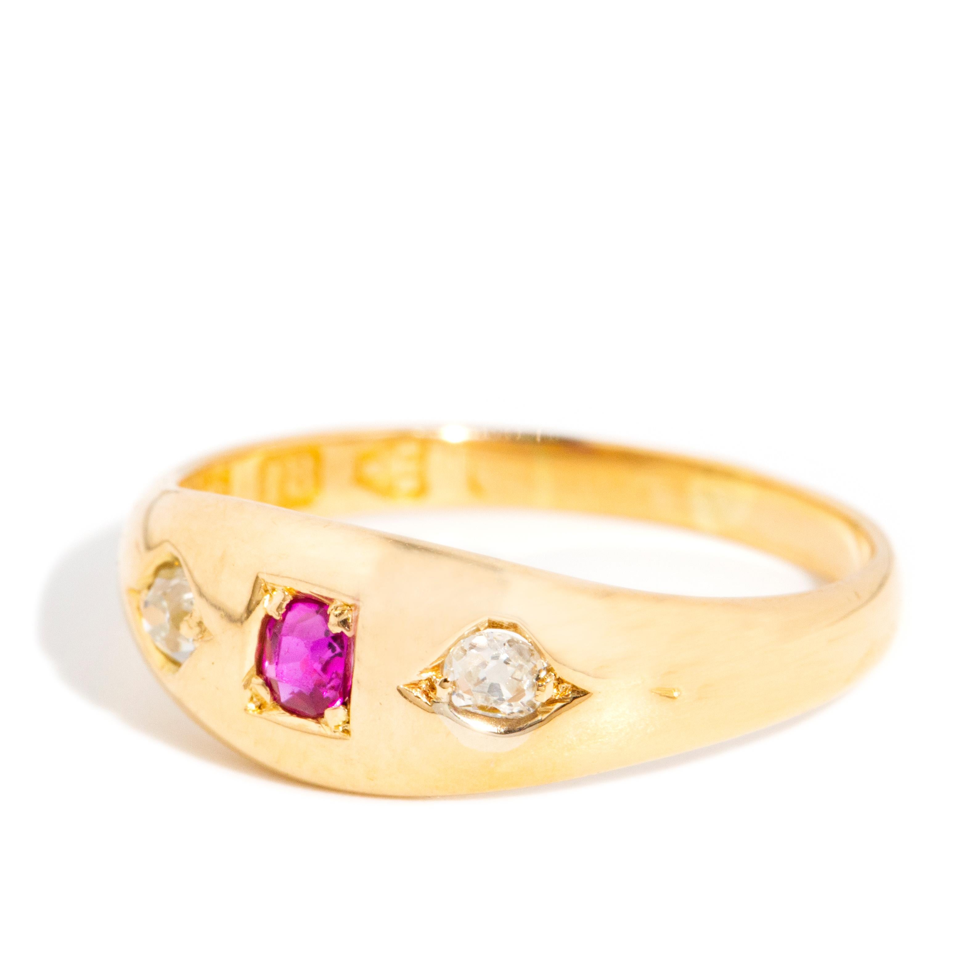 Antique Victorian Era Bright Red Pink Ruby & Old Cut Diamond Ring 18 Carat Gold In Good Condition For Sale In Hamilton, AU