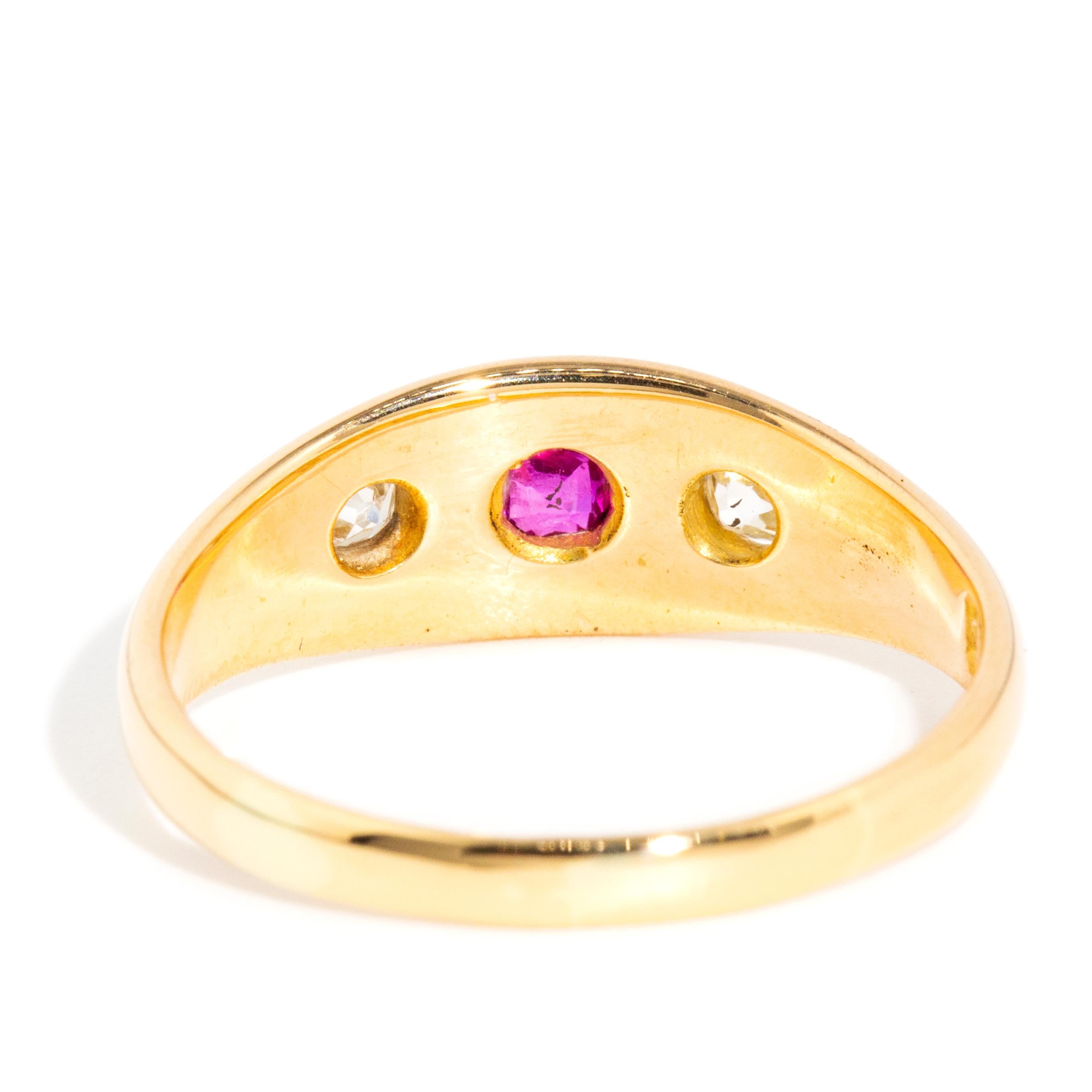 Antique Victorian Era Bright Red Pink Ruby & Old Cut Diamond Ring 18 Carat Gold For Sale 3