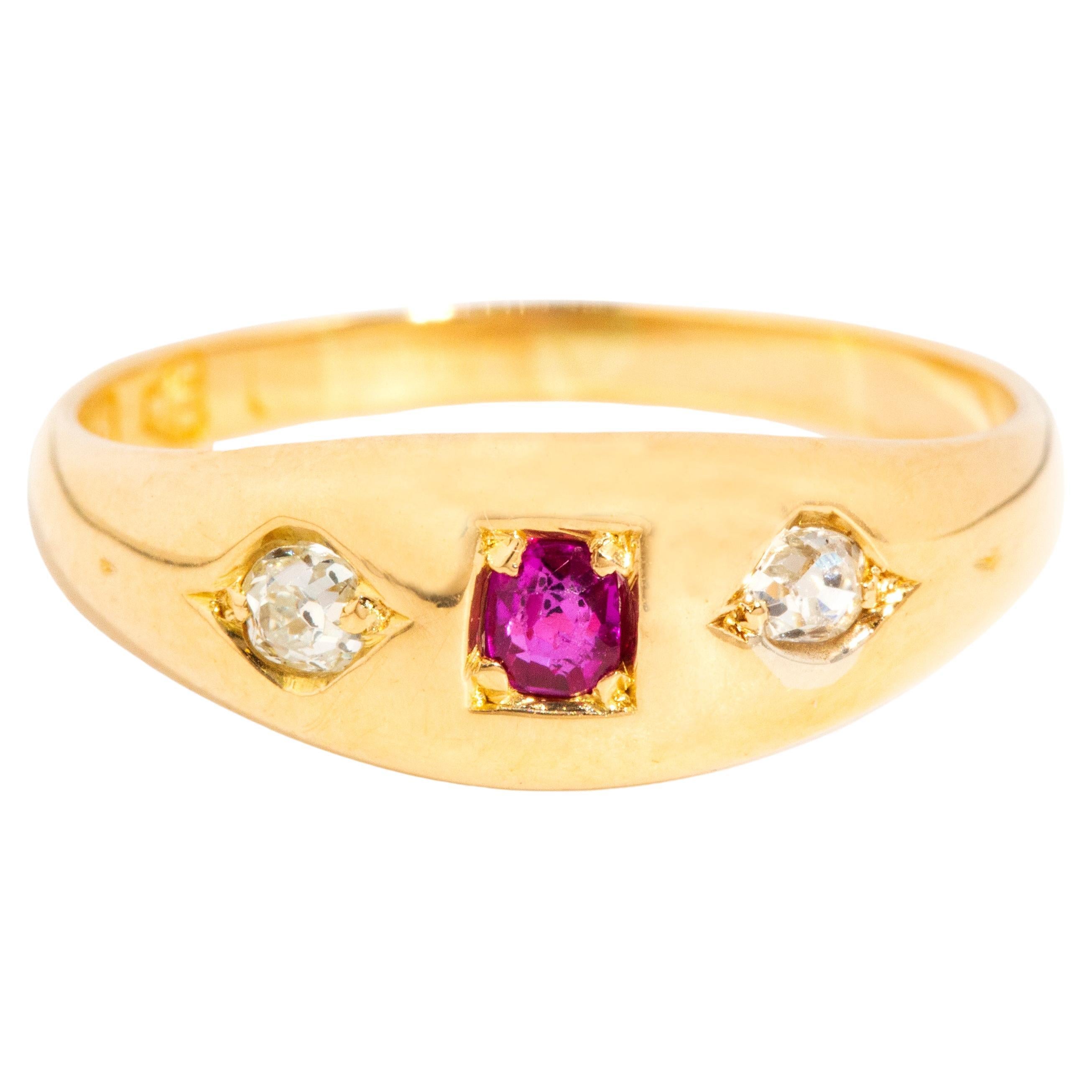 Antique Victorian Era Bright Red Pink Ruby & Old Cut Diamond Ring 18 Carat Gold For Sale