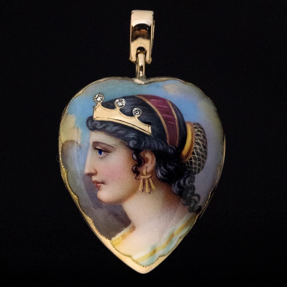 Antique Victorian Era Cleopatra Enamel Diamond Gold Locket Pendant 1
