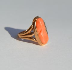 Antique Victorian Era Coral Cameo Portrait 14 Karat Rose Gold Ring