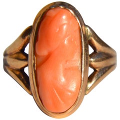 Antique Victorian Era Coral Cameo Portrait 14 Karat Rose Gold Ring