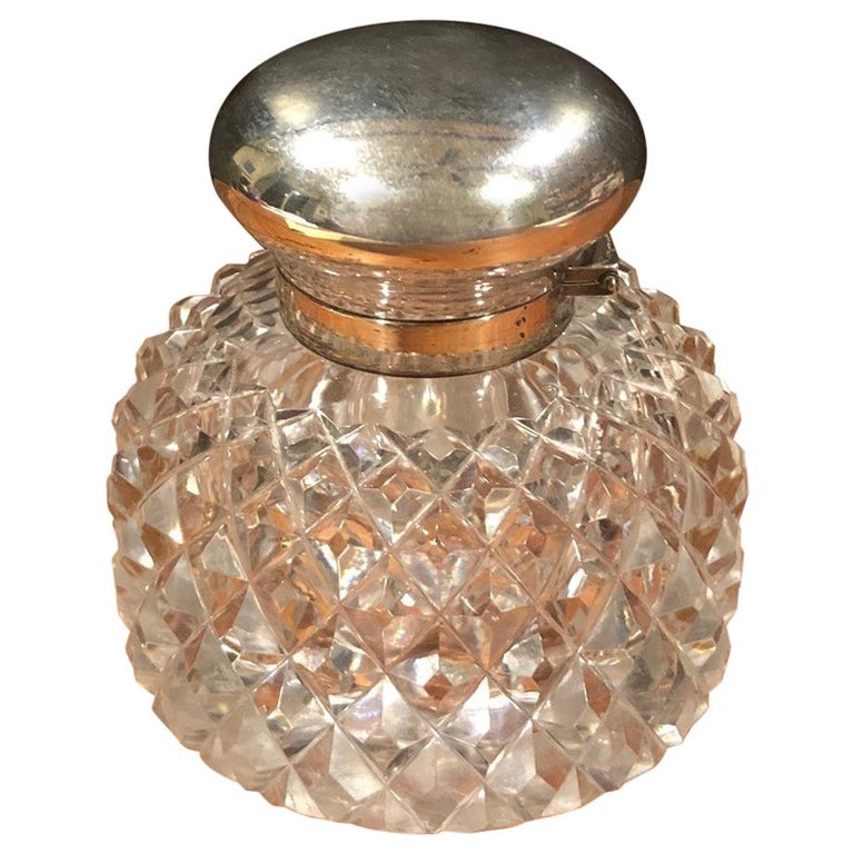 Antique Victorian Era Cut Glass Inkwell with Sterling Silver Lid at 1stDibs