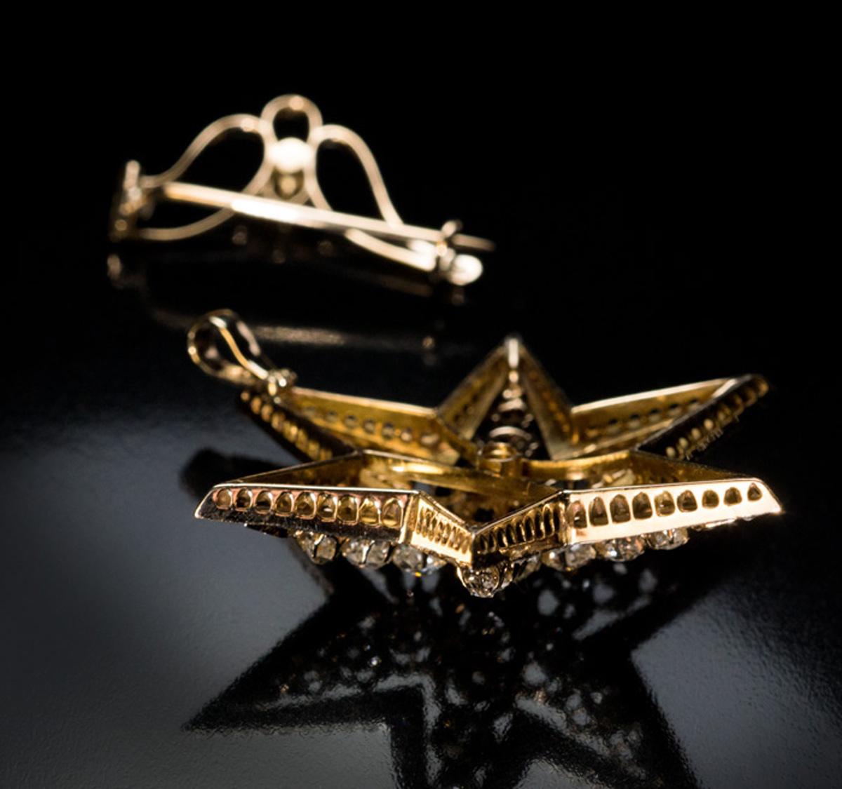 Women's or Men's Antique Victorian Era Diamond Star Gold Brooch Pendant