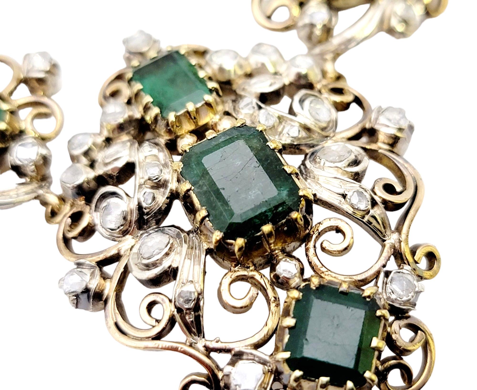 Antique Victorian Era Emerald Cut Emerald and Rose Cut Diamond Drop Necklace  In Good Condition For Sale In Scottsdale, AZ