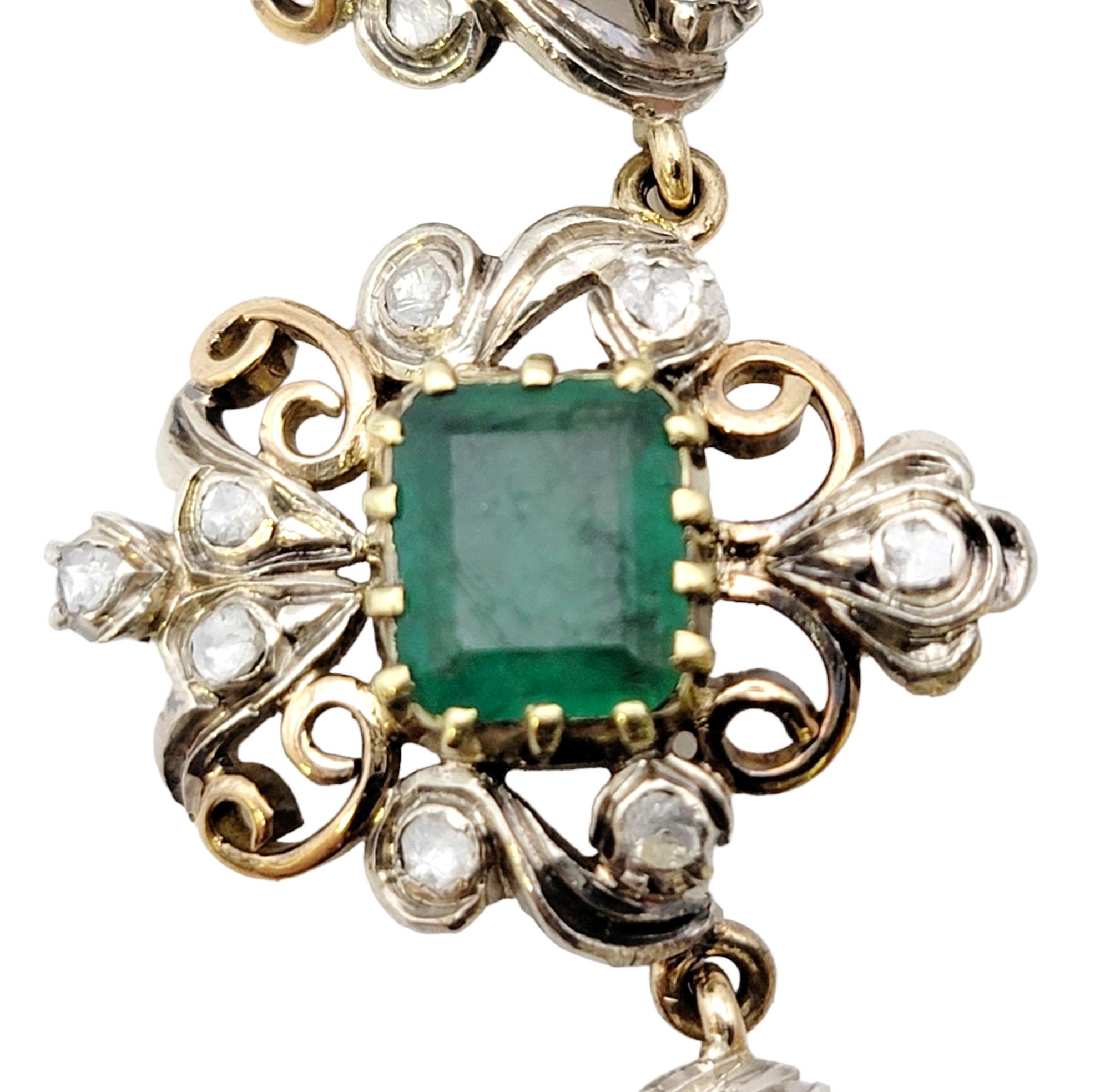 Women's Antique Victorian Era Emerald Cut Emerald and Rose Cut Diamond Drop Necklace  For Sale