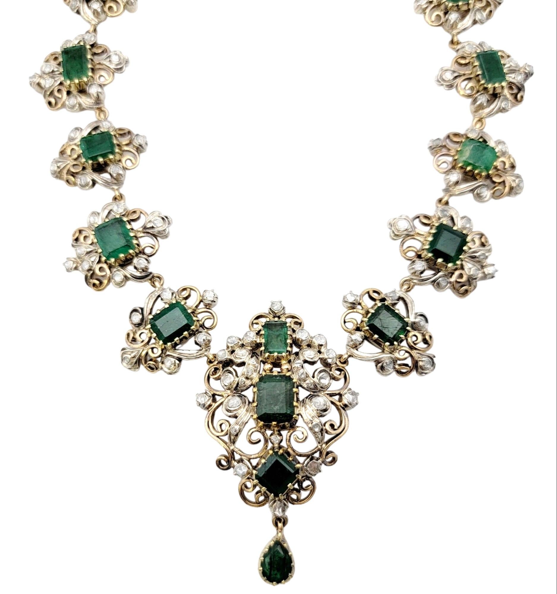 Antique Victorian Era Emerald Cut Emerald and Rose Cut Diamond Drop Necklace For Sale 1