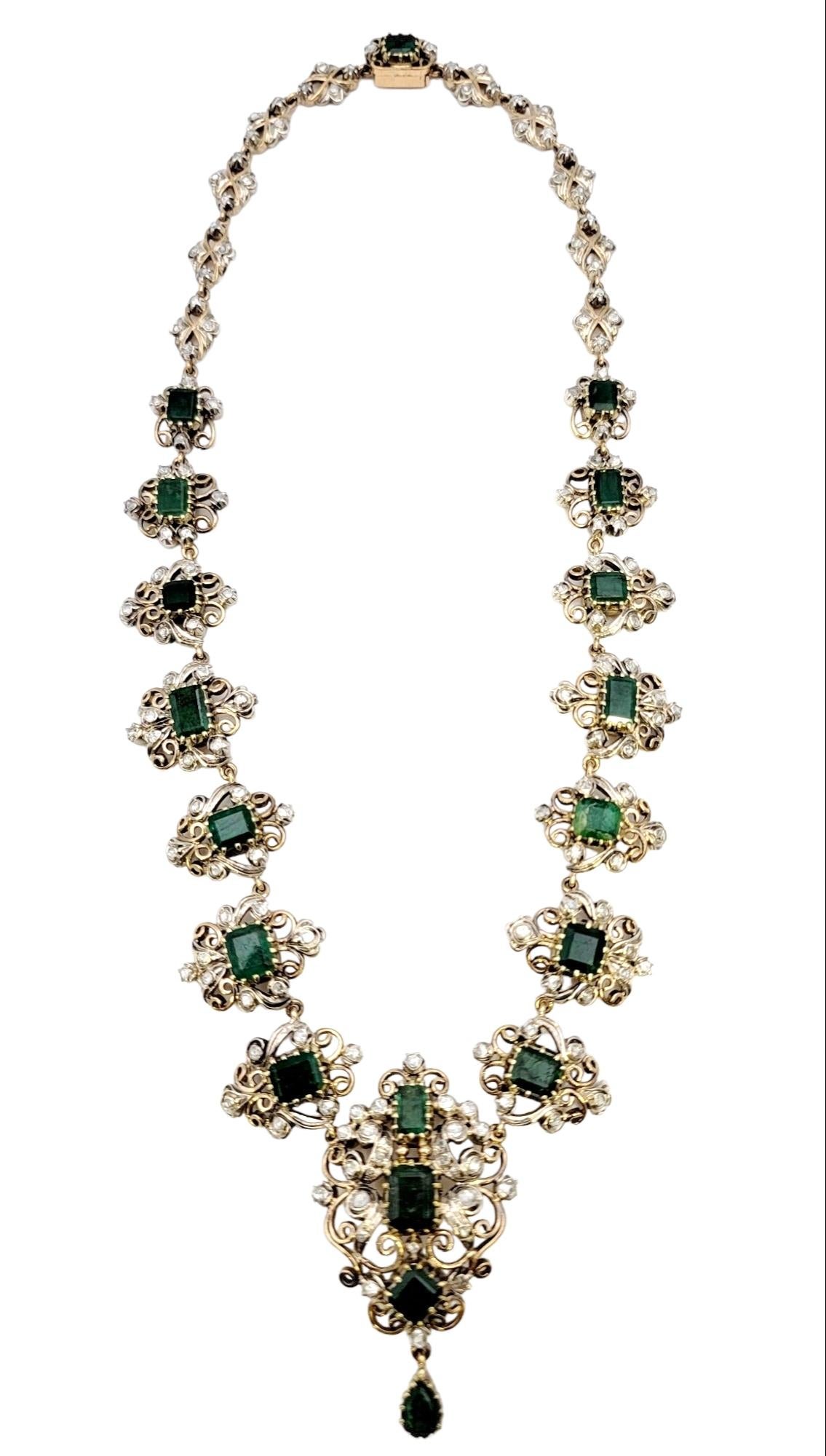 Antique Victorian Era Emerald Cut Emerald and Rose Cut Diamond Drop Necklace  For Sale 2