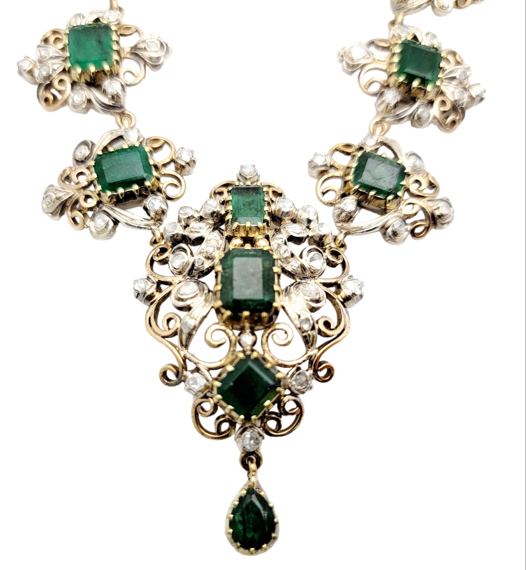 Antique Victorian Era Emerald Cut Emerald and Rose Cut Diamond Drop Necklace  For Sale 3