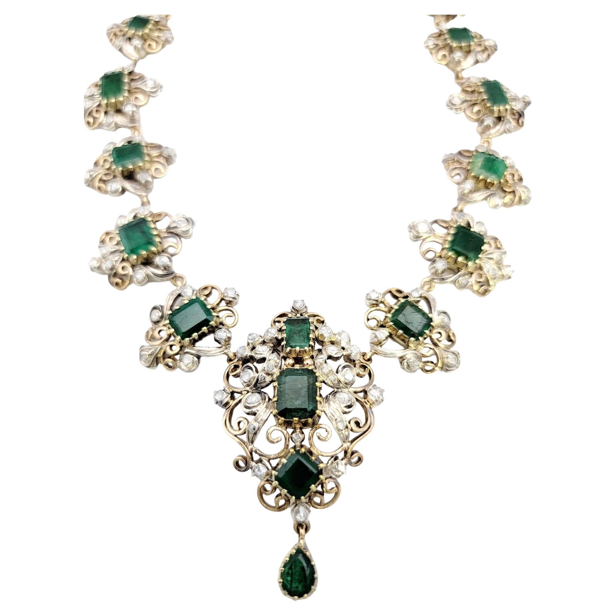 Antique Victorian Era Emerald Cut Emerald and Rose Cut Diamond Drop Necklace  For Sale