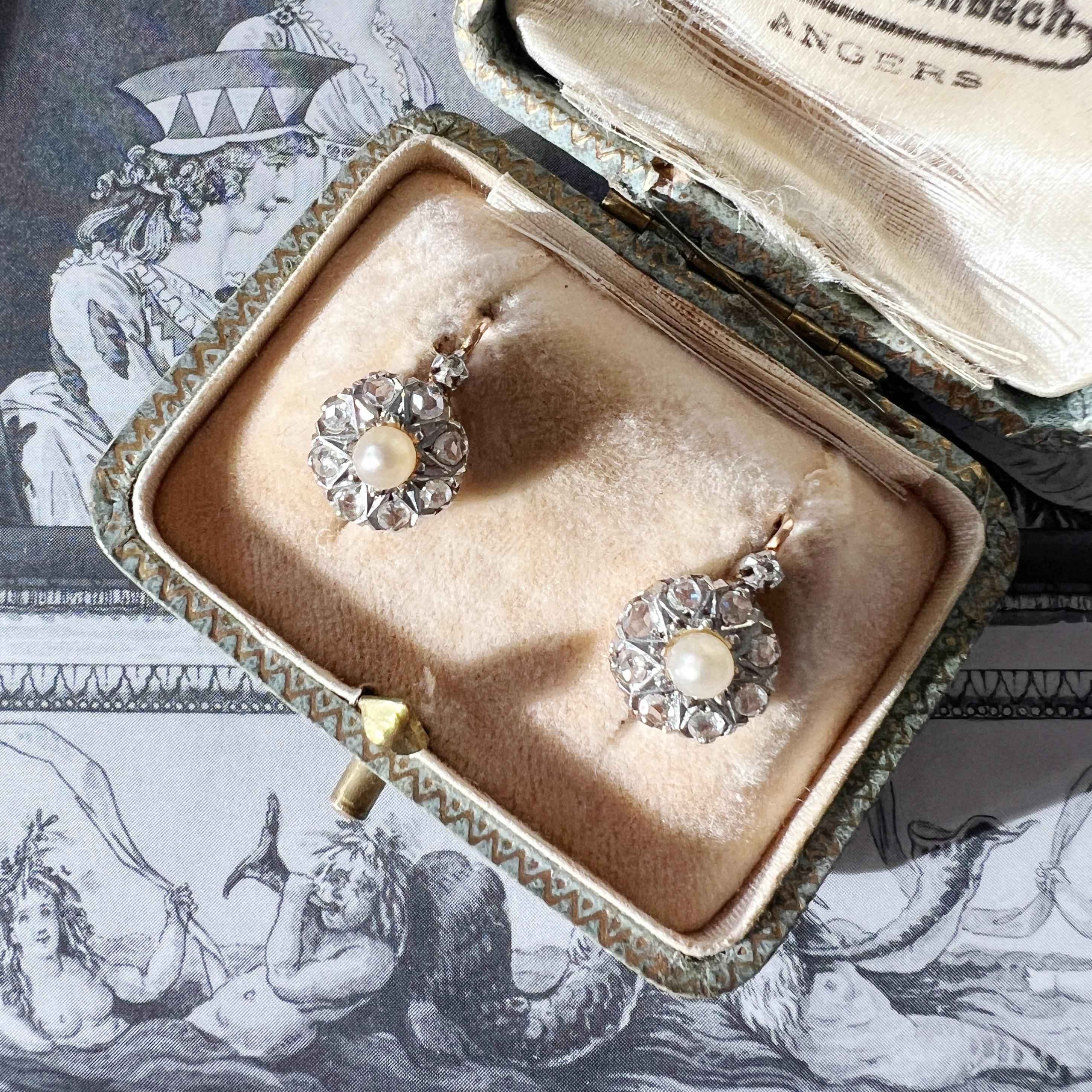 Rose Cut Antique Victorian era French work 18K gold pearl diamond dangle earrings