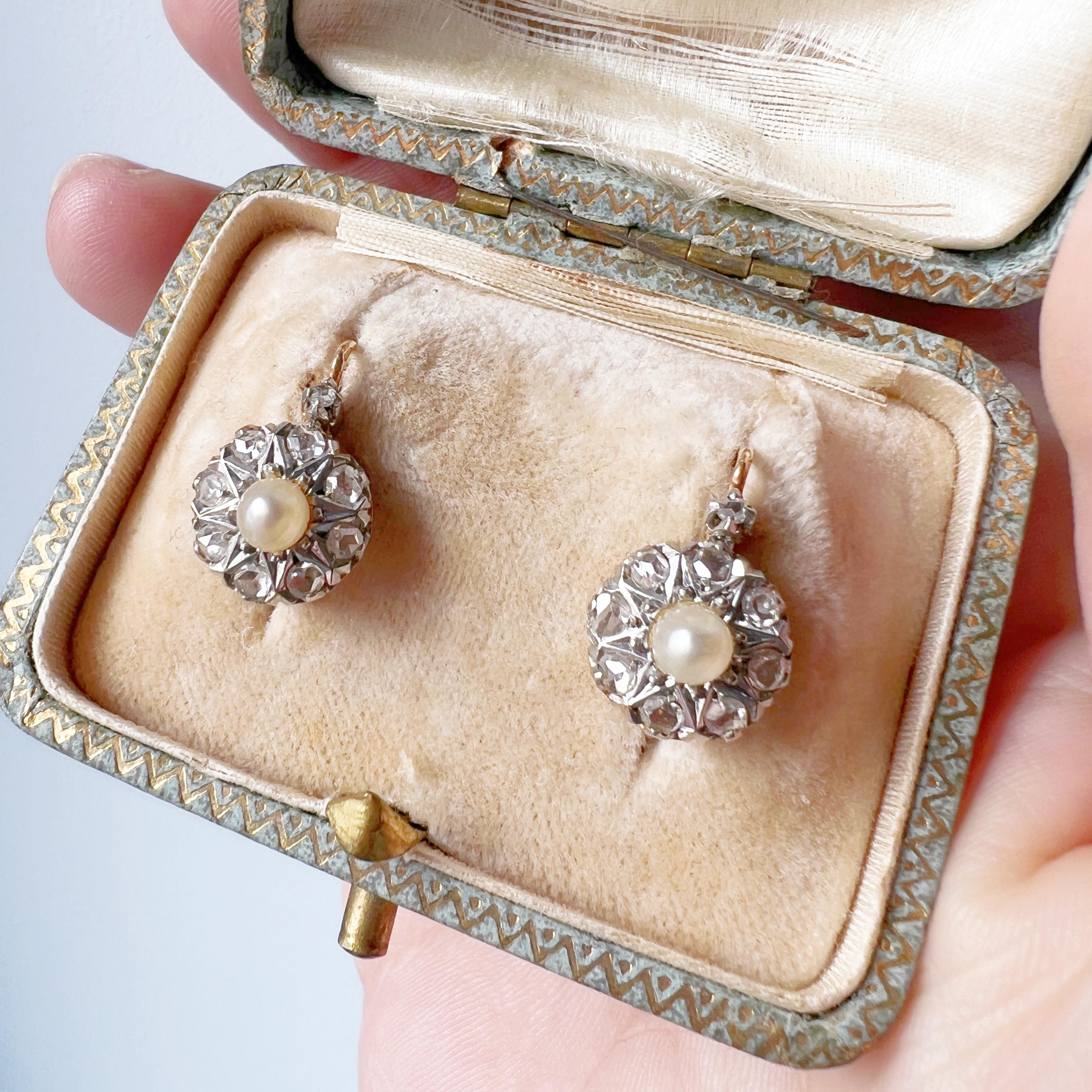 Women's or Men's Antique Victorian era French work 18K gold pearl diamond dangle earrings
