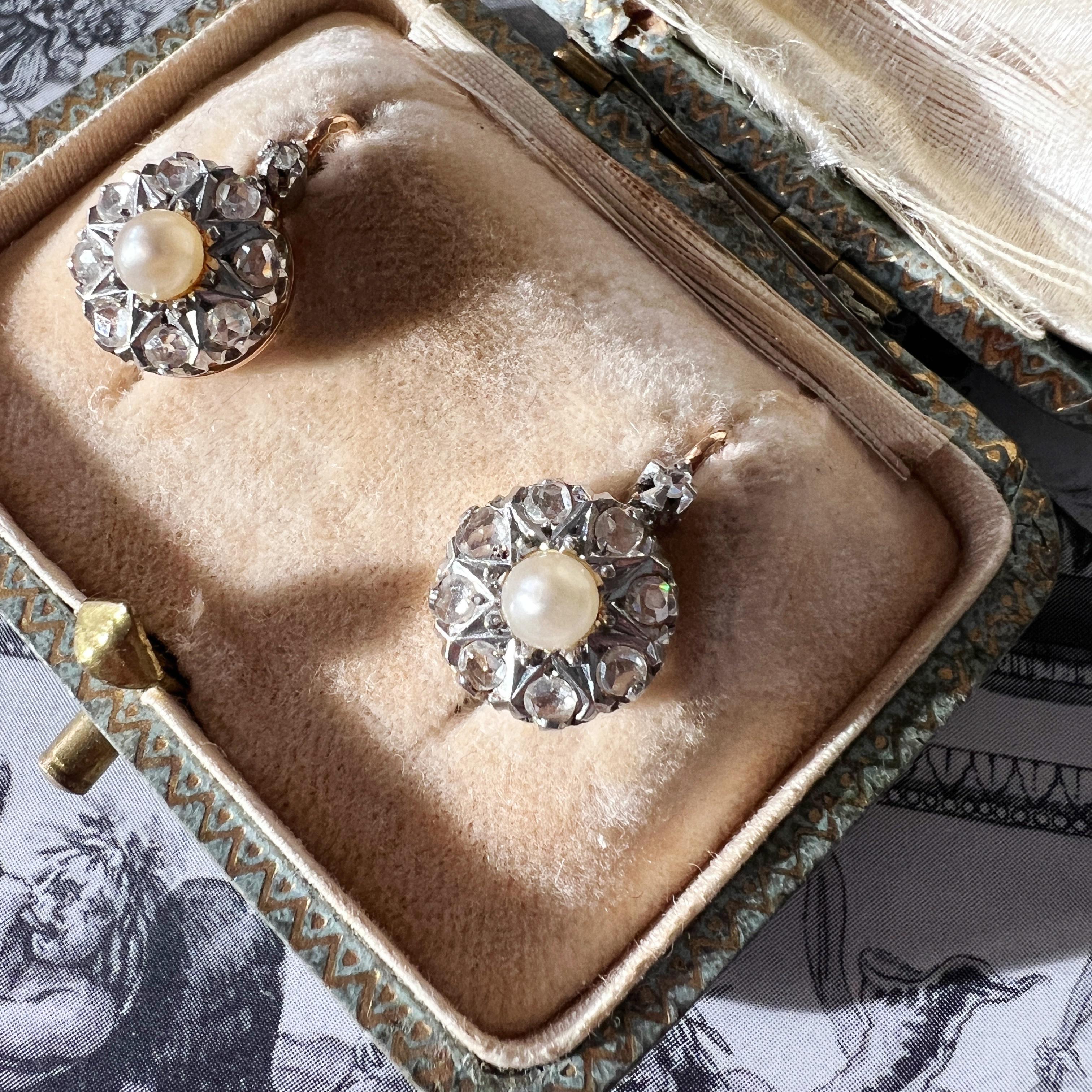 Antique Victorian era French work 18K gold pearl diamond dangle earrings 2