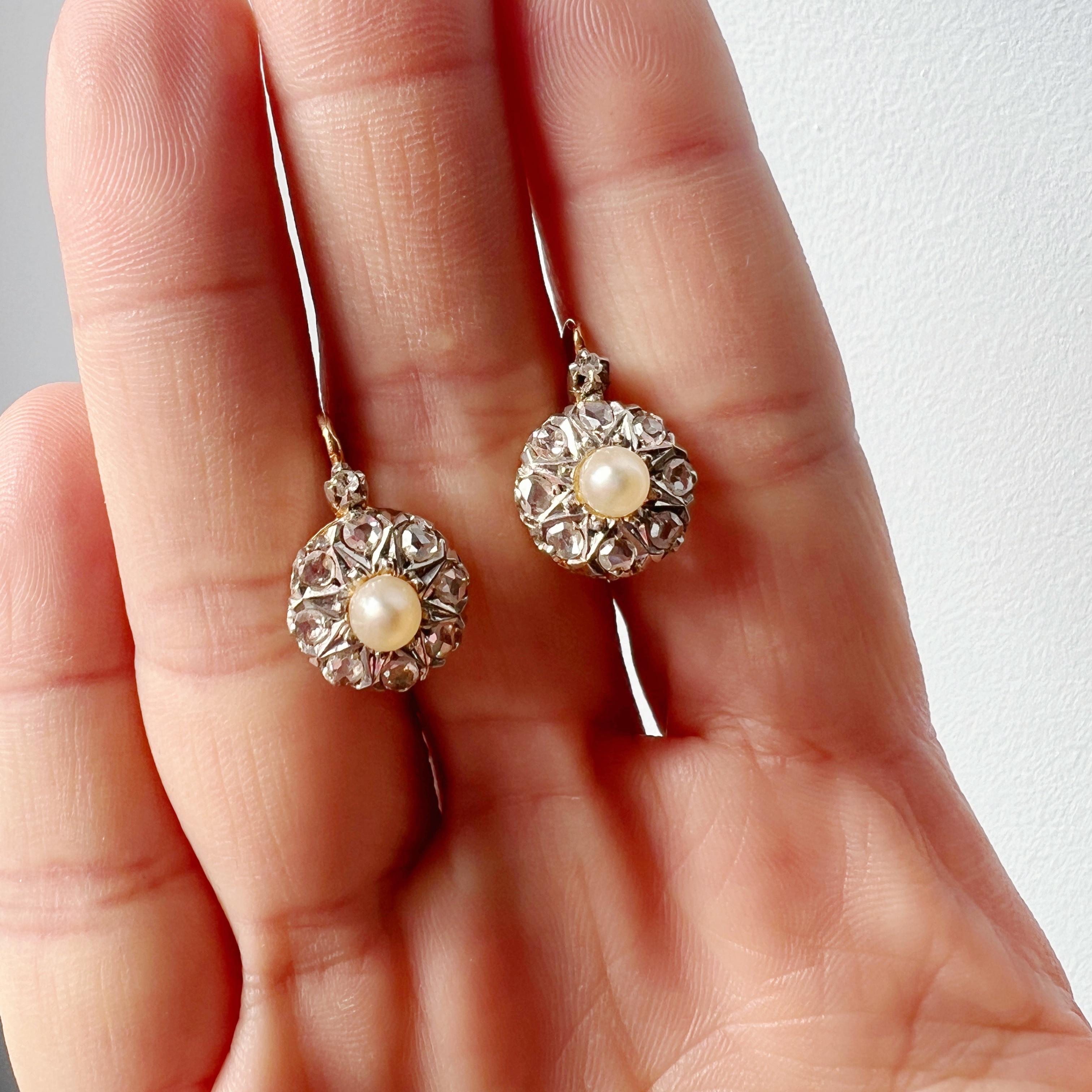 Antique Victorian era French work 18K gold pearl diamond dangle earrings 3