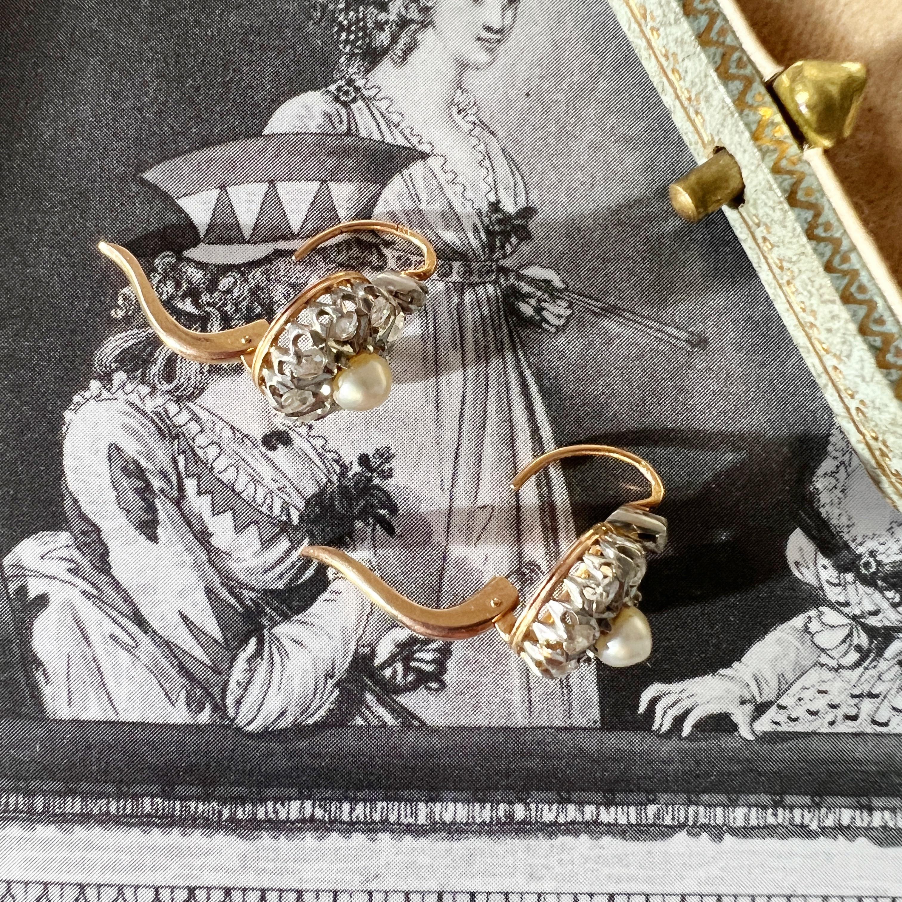 Antique Victorian era French work 18K gold pearl diamond dangle earrings 4
