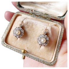 Antique Victorian era French work 18K gold pearl diamond dangle earrings