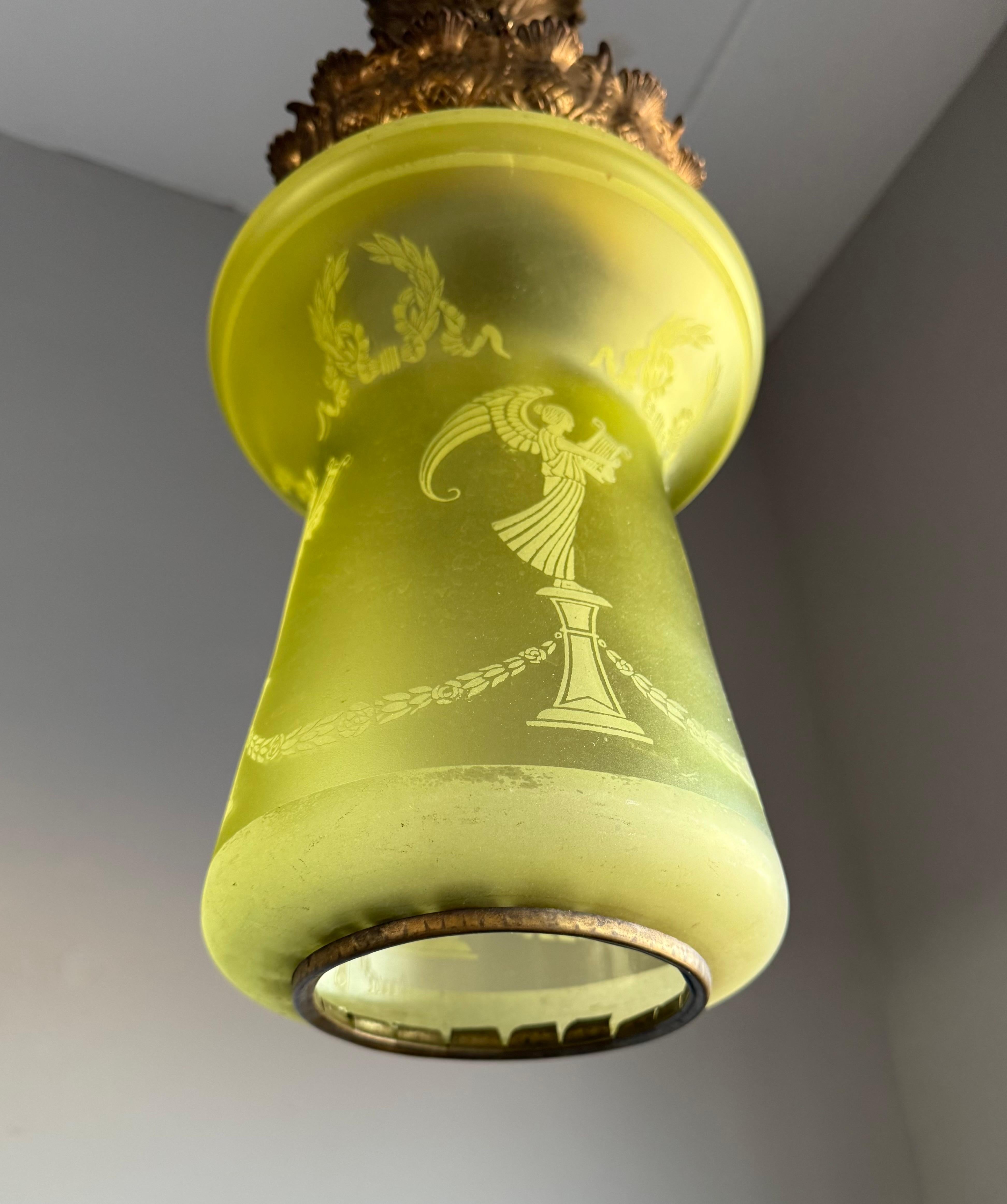 Antique Victorian era Graved Glass & Brass Stairwell or Hallway Pendant Light For Sale 4